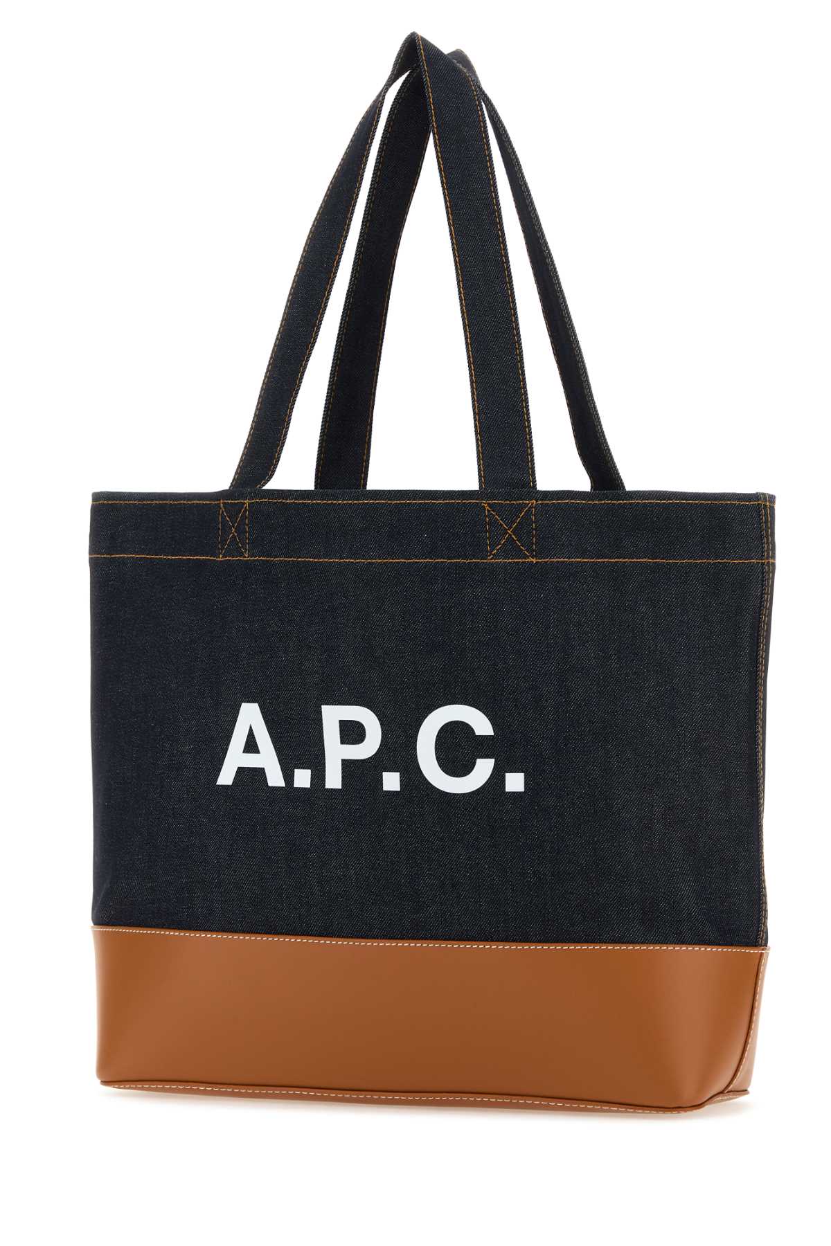 Shop Apc Two-tone Denim And Leather Axel Shopping Bag In Caramel