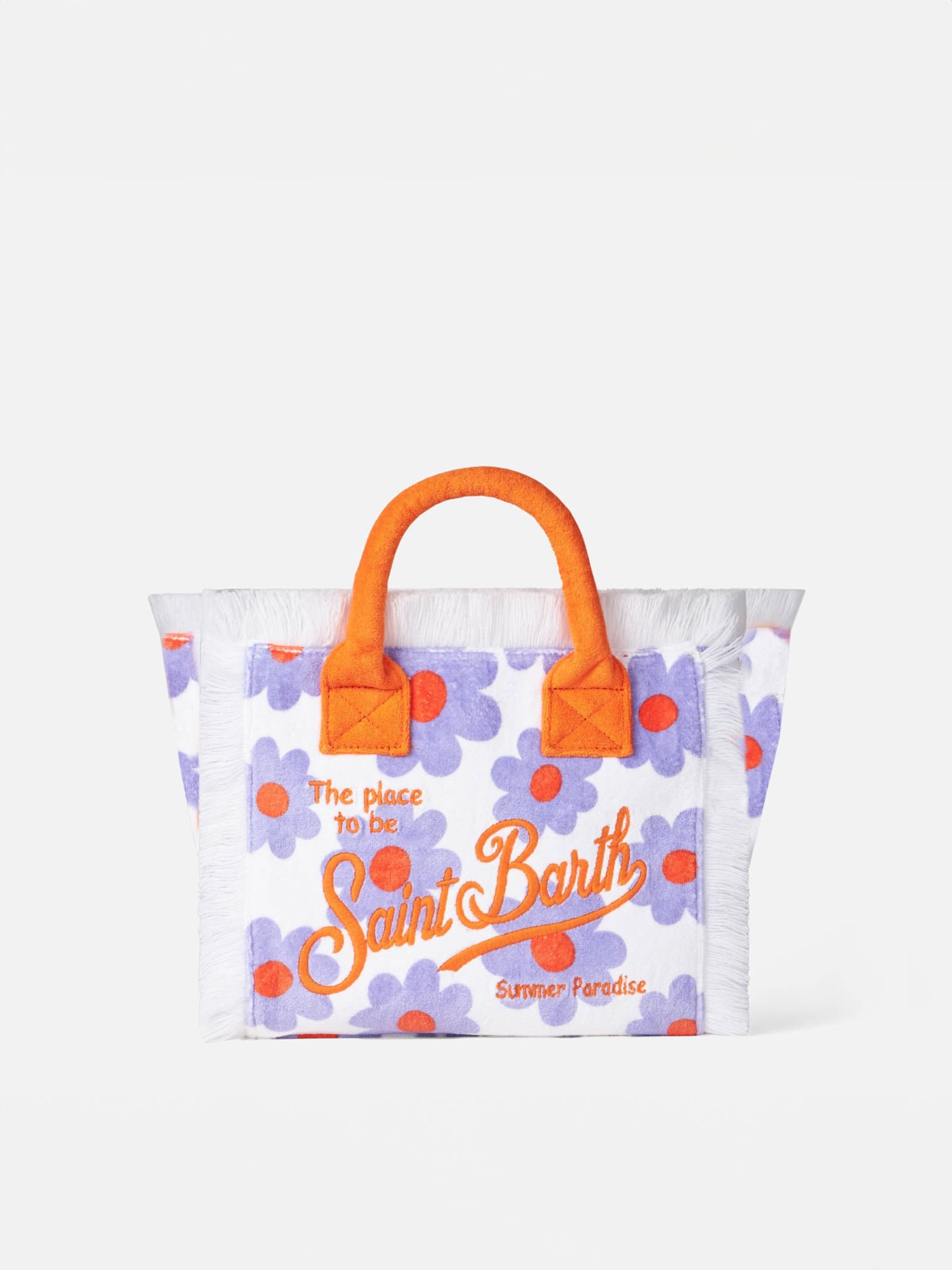 Mc2 Saint Barth Colette Terry Handbag With Violet And Orange Daisy Print In Pink