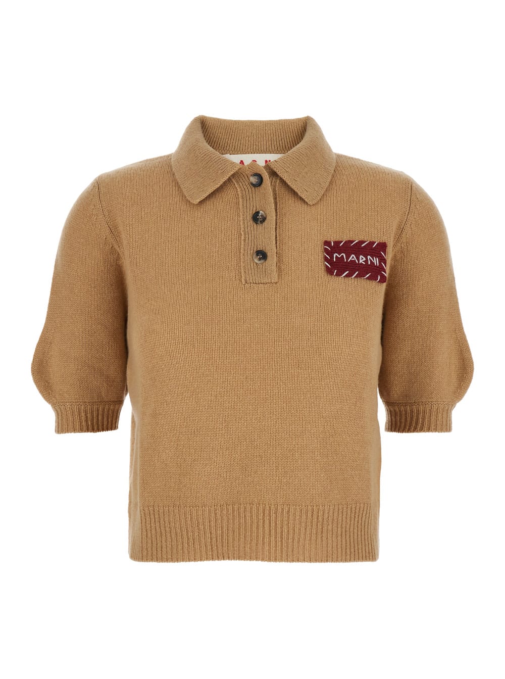Beige Polo Sweater With Classic Collar And Logo Patch On The Front In Cashmere Woman