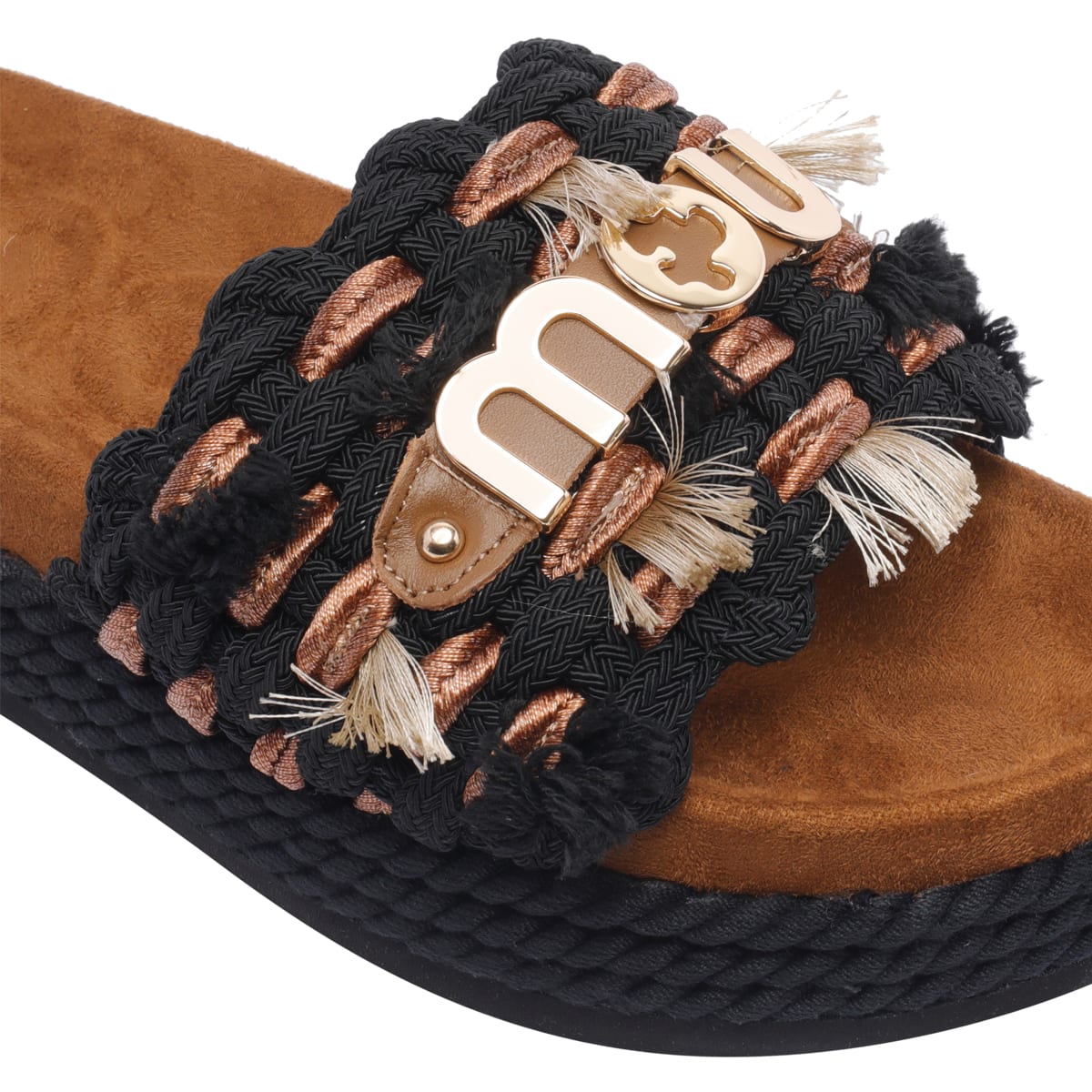 Mou Black Leather And Fabric Sandals In Black