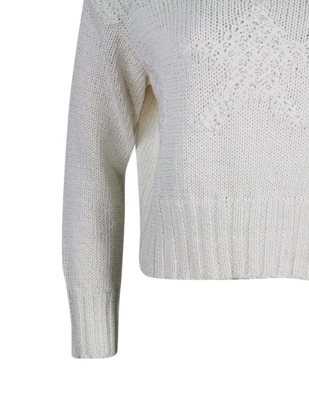 Shop Lorena Antoniazzi Long-sleeved Crew-neck Sweater In Cotton With Refined Star Work On The Front In Cream