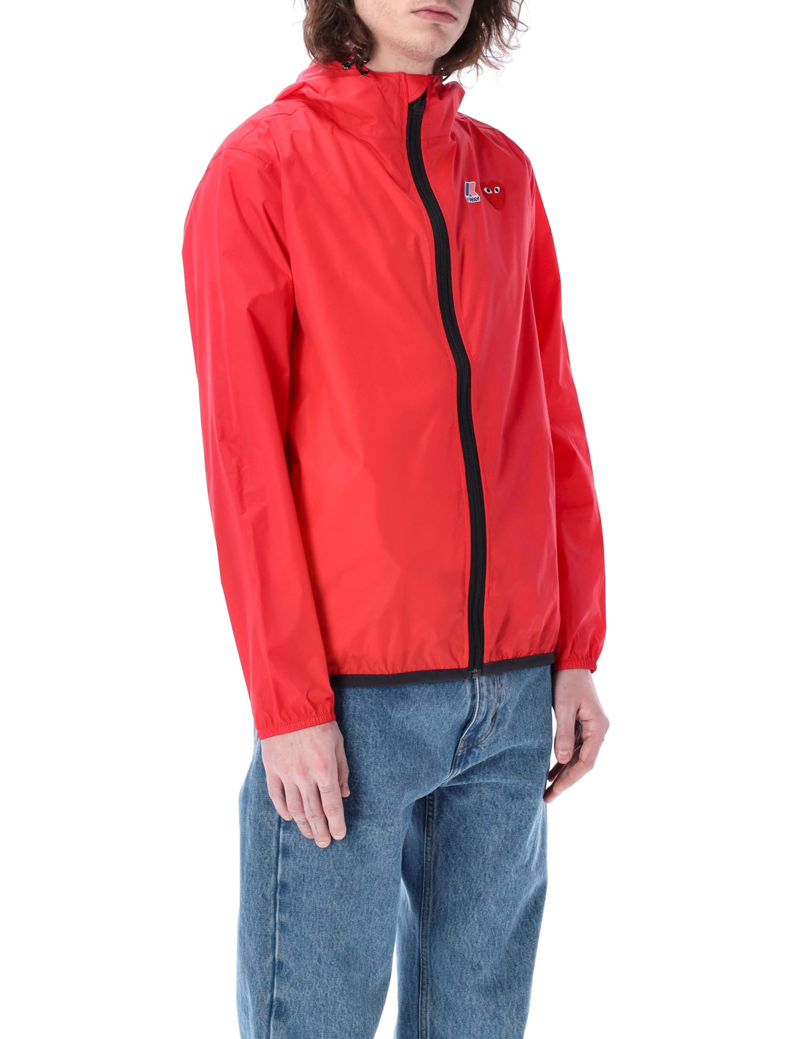 Shop Comme Des Garçons Play Waterproof Zip Jacket With Hood In Red