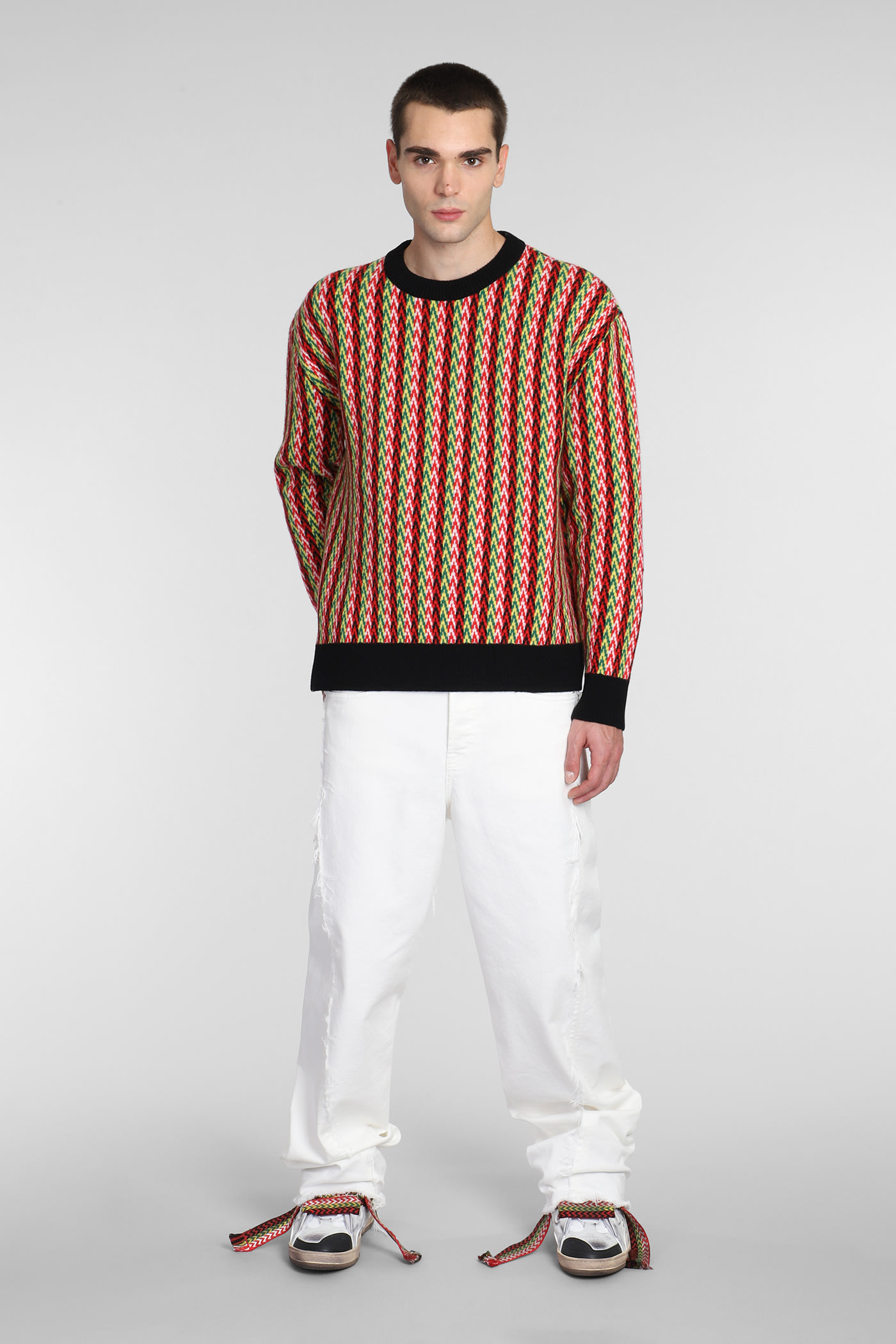 Shop Lanvin Sweater With Multicolored Chevron Motif In Multicolour