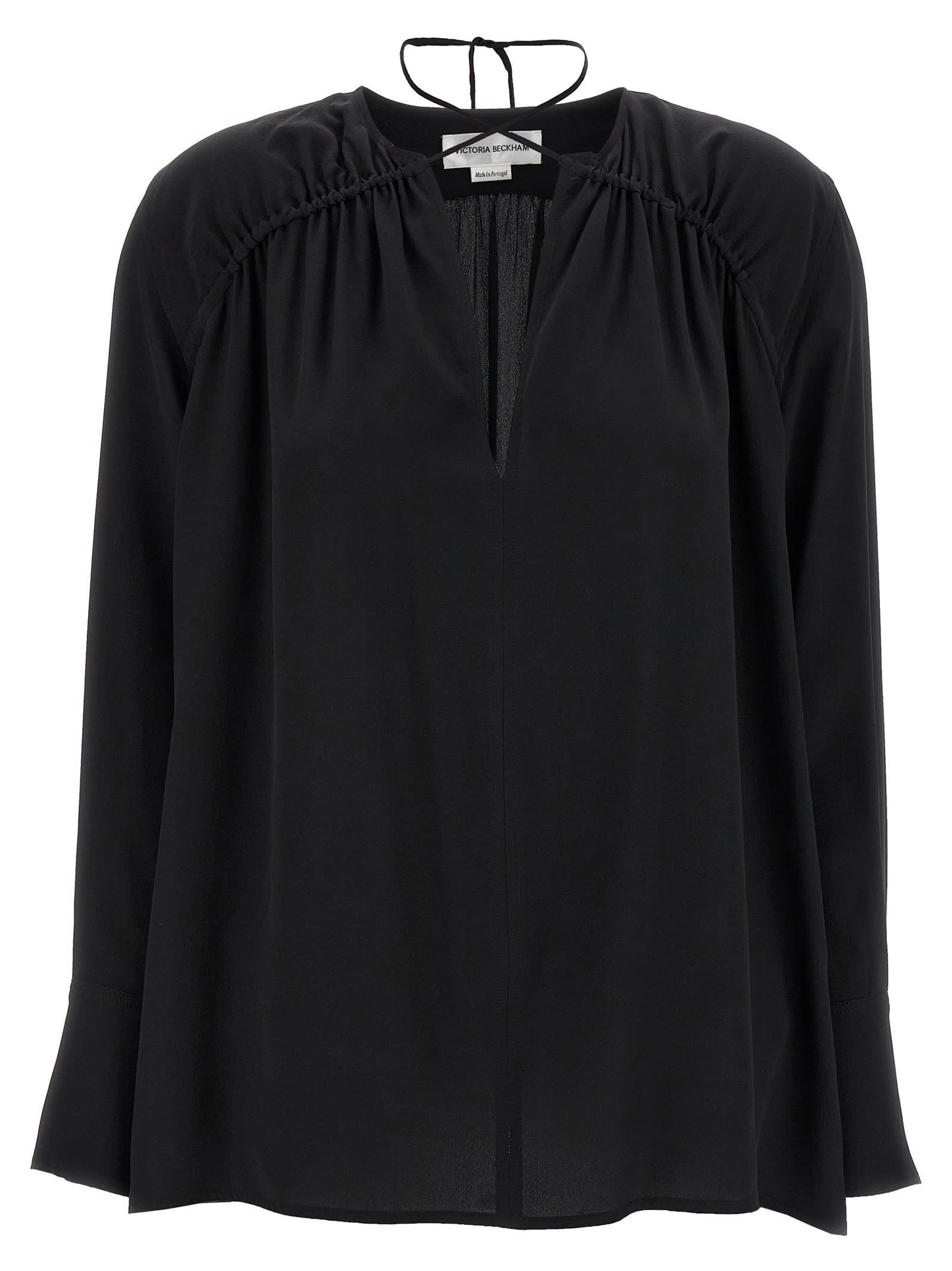Victoria Beckham Gather Detail Tie Blouse With Gathered Shoulders In Black