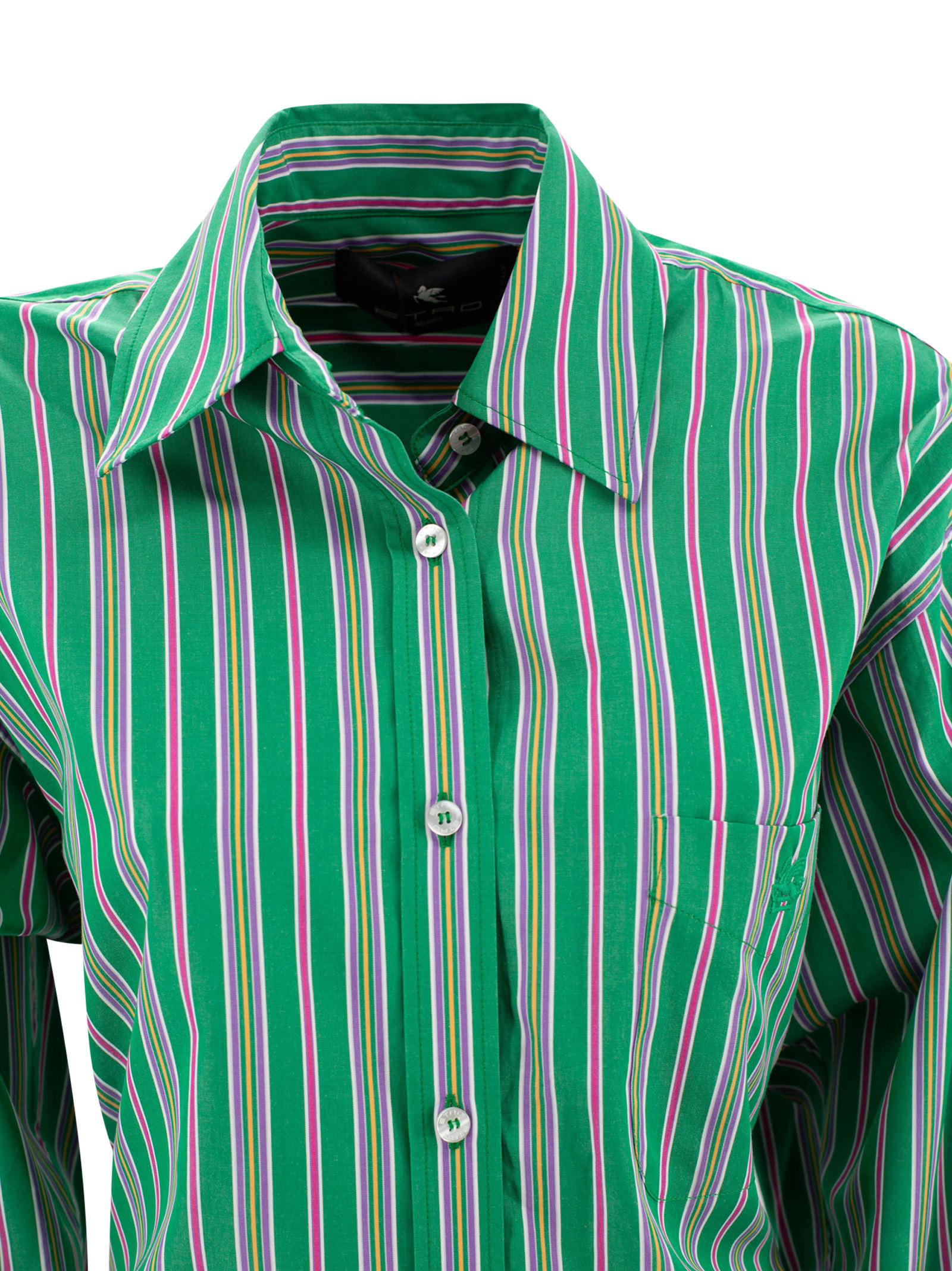 Etro Pocketed Collared Striped Long Sleeve Top In Green