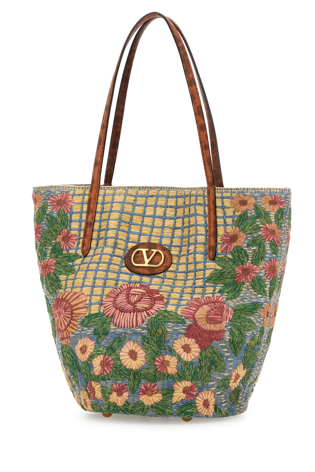 Valentino Garavani Embroidered Raffia Vlogo Signature Shopping Bag In Multi