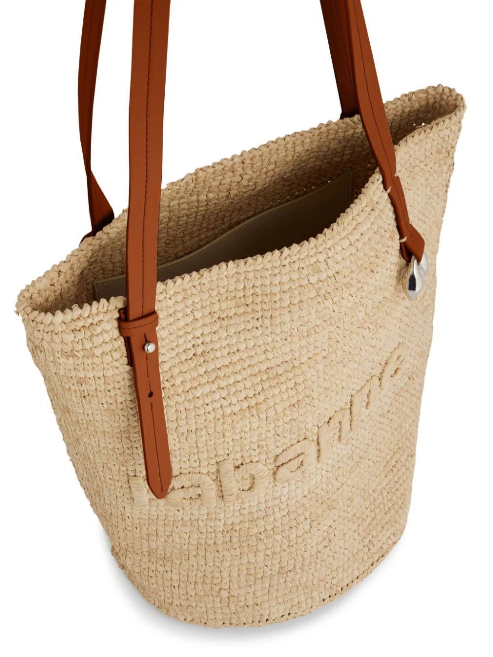 Shop Rabanne Natural Raffia Tote Bag With Logo In Brown