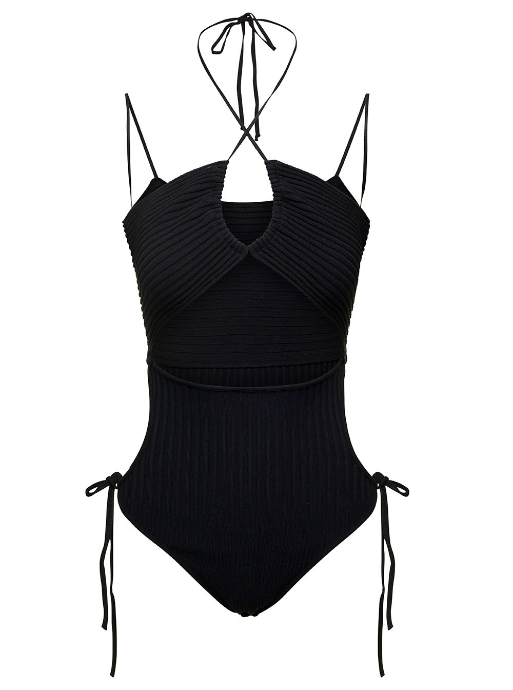 ANDREĀDAMO Black Ribbed Body-suit With Cut-out Detail And Halterneck In Viscose Blend Woman