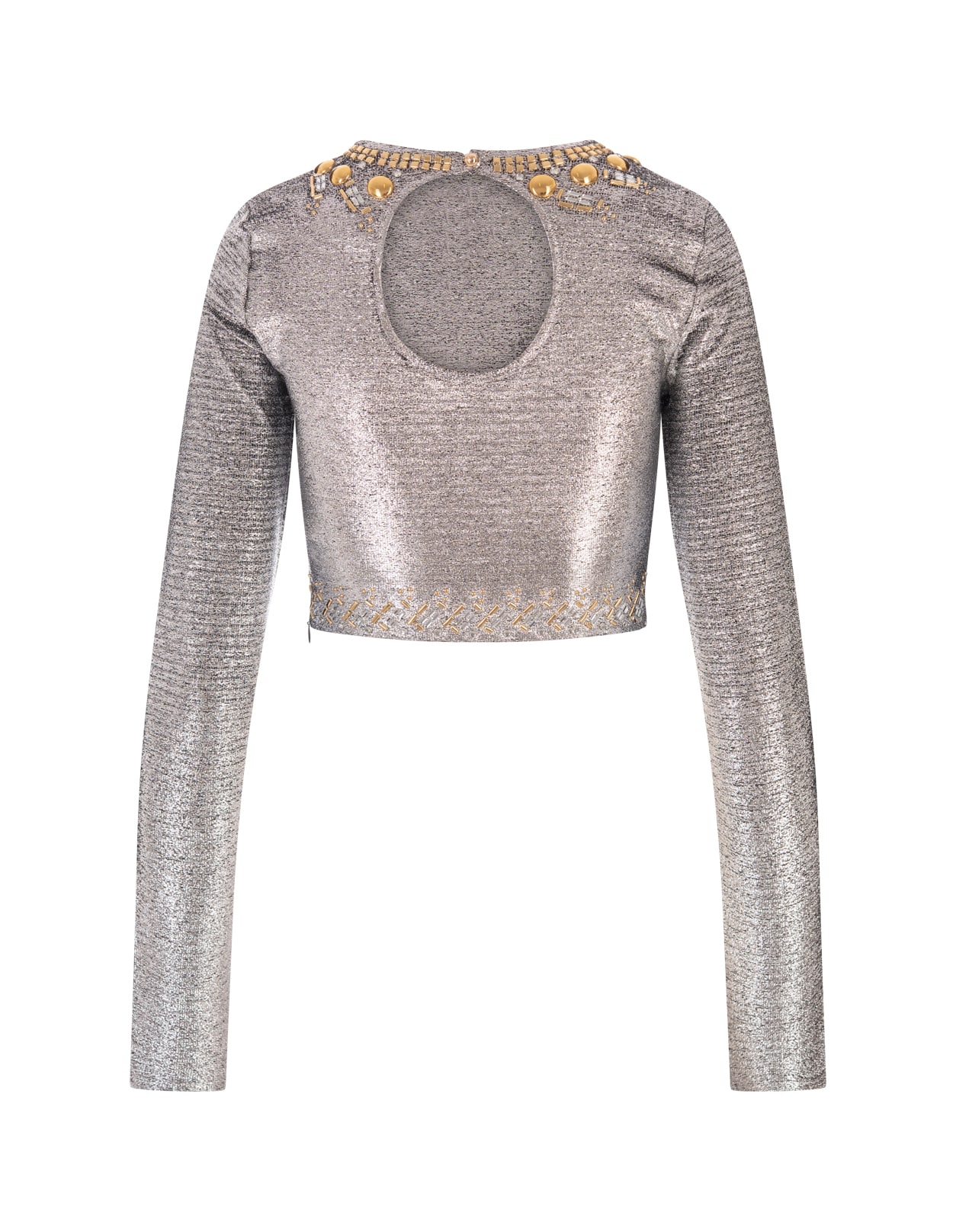 RABANNE SILVER LAME CROP TOP WITH STUDS 