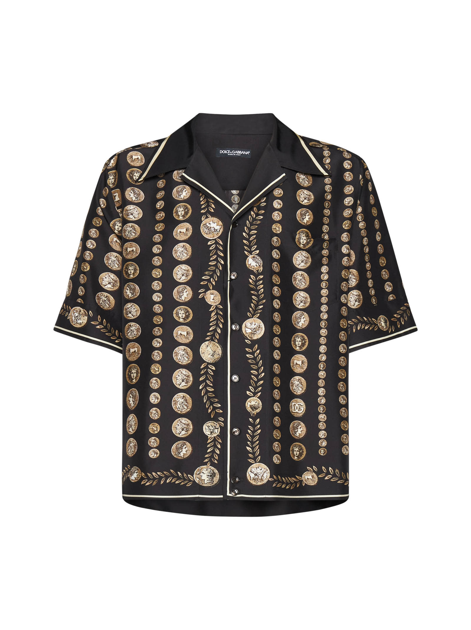 DOLCE & GABBANA BLACK BOWLING SHIRT WITH ALL-OVER COIN PRINT IN SILK MAN