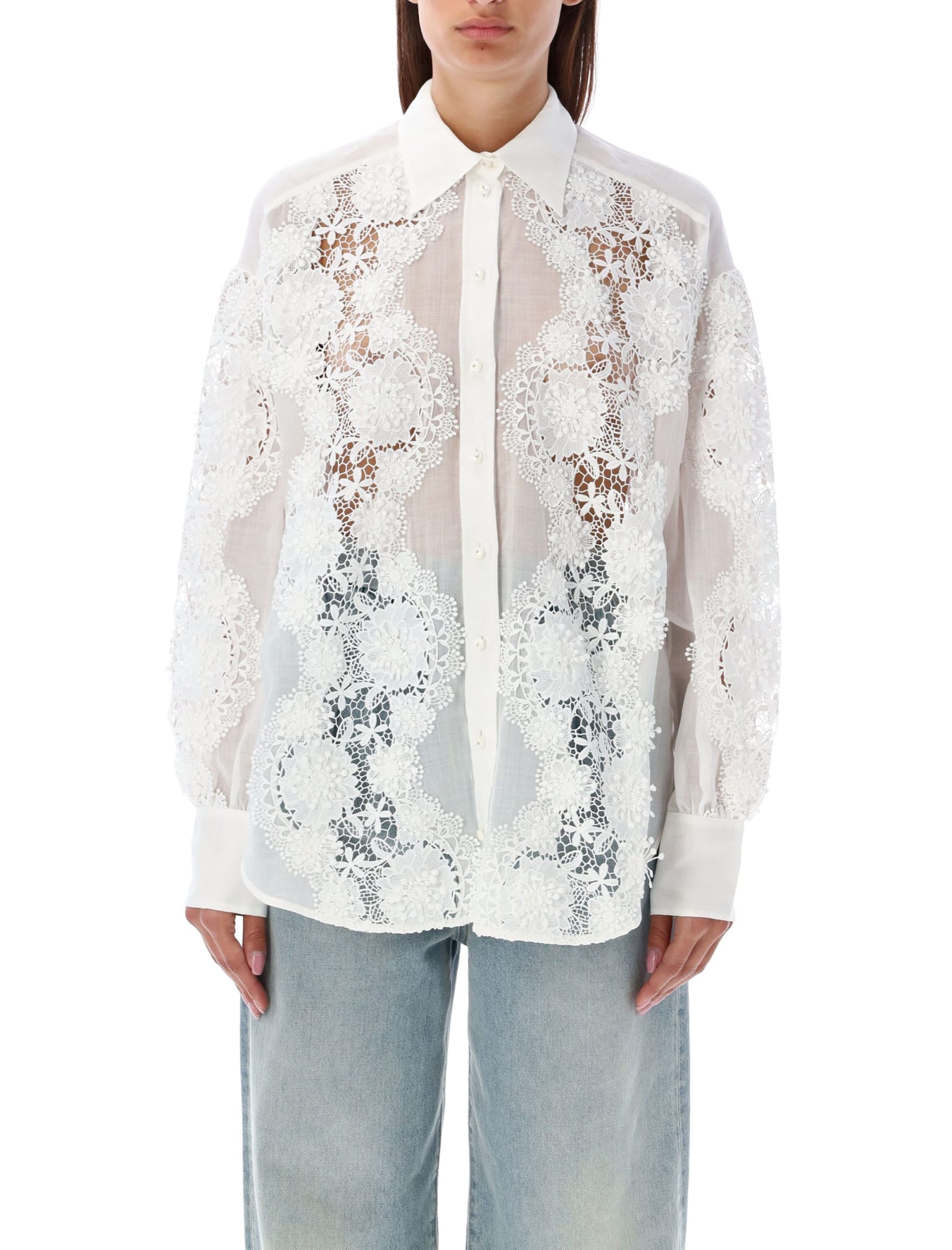 Shop Zimmermann Lace Flower Shirt In Ivory