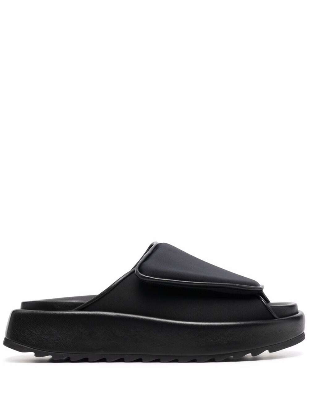 Black Leather And Scuba Slide Sandals With Velcro Closure