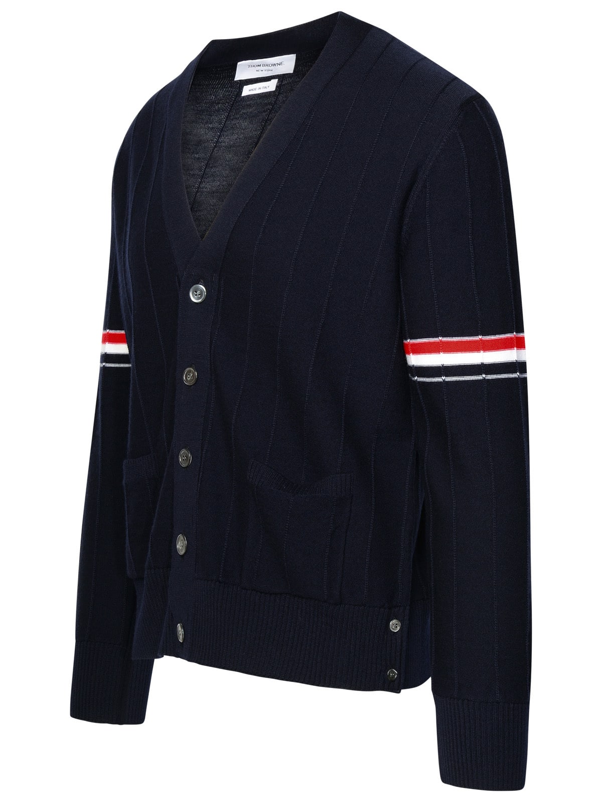 Thom Browne Cotton Milano Stitch Stripe Armband V-neck Cardigan In Navy
