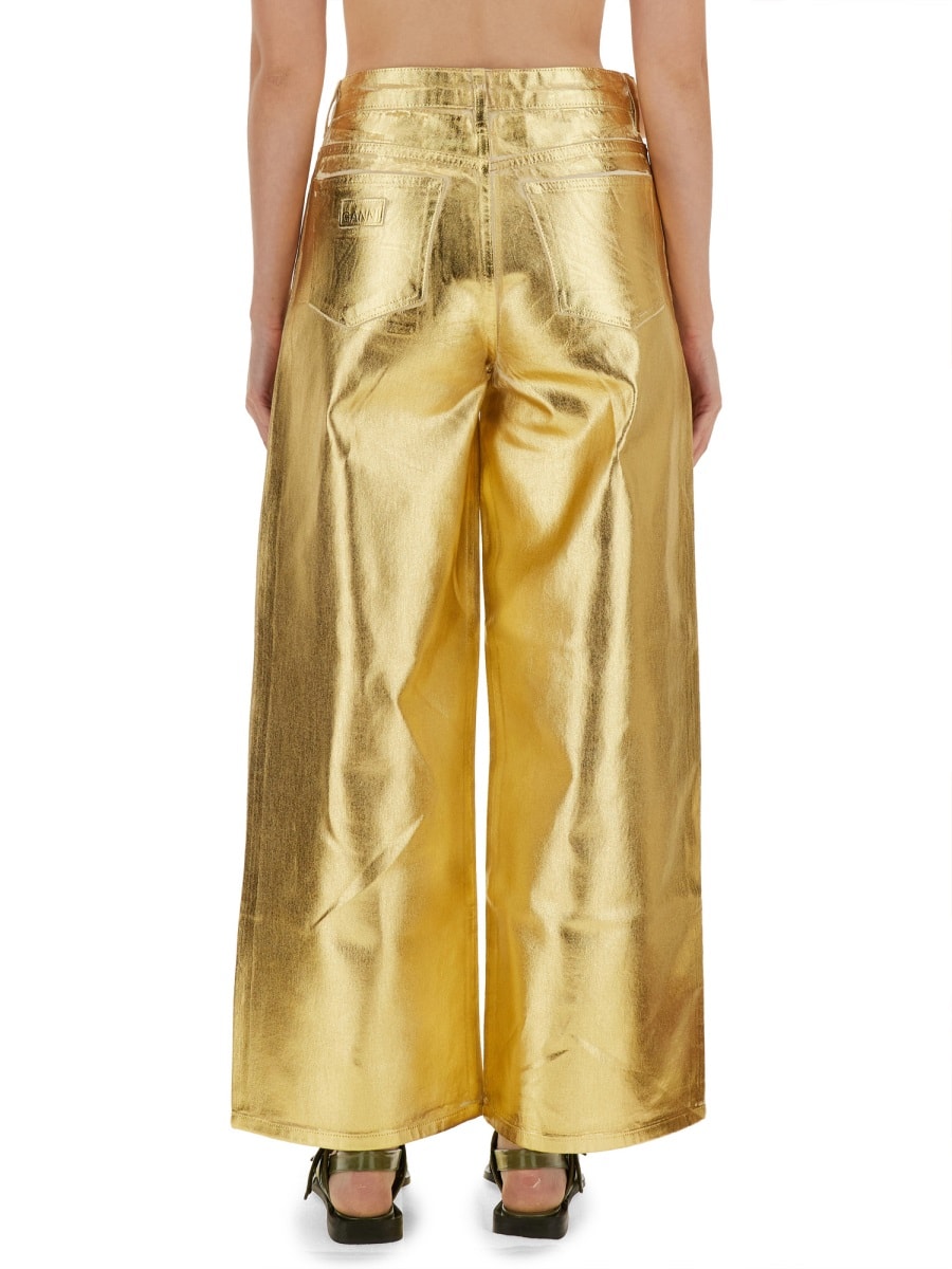 Ganni Gold Five Pockets Wide Jeans In Laminated Fabric Woman In Gold