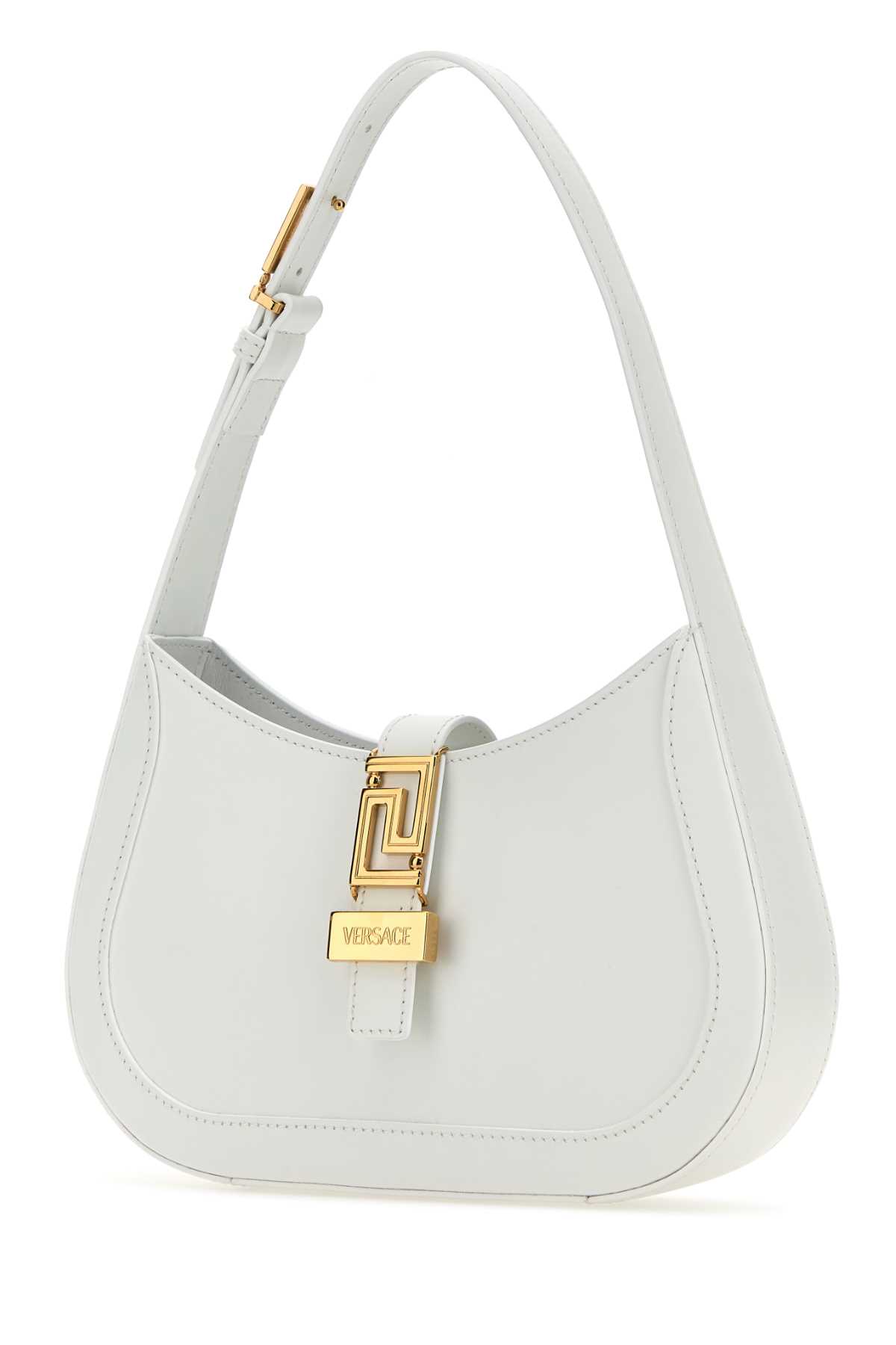 Shop Versace White Leather Small Greca Goddess Shoulder Bag In Opticalwhitegold