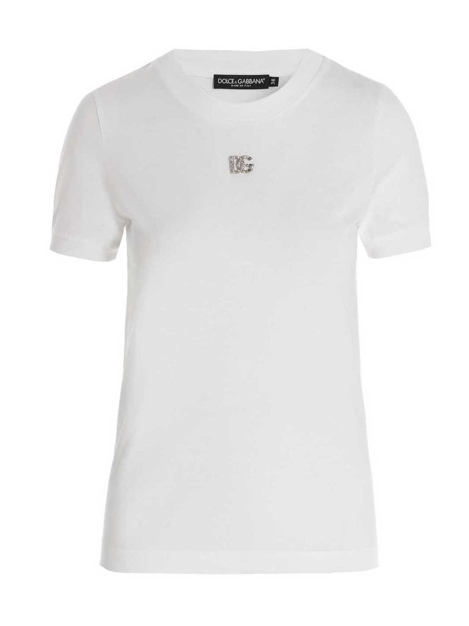 Dolce & Gabbana White T-shirt With Dg Logo On The Front Finished With Rhinestones In Cotton Woman In White