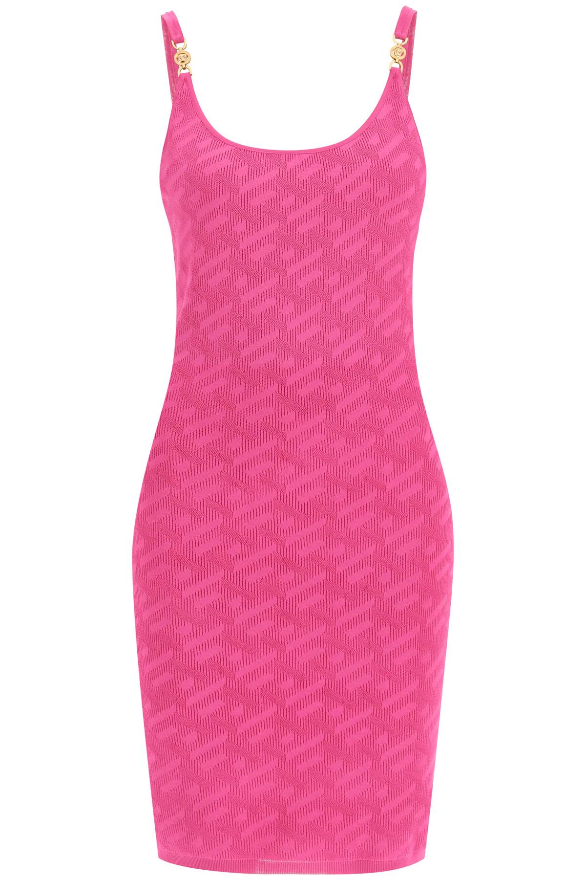 Versace La Greca Embellished Jacquard-knit Mini Dress In Glossy Pink (fuchsia)
