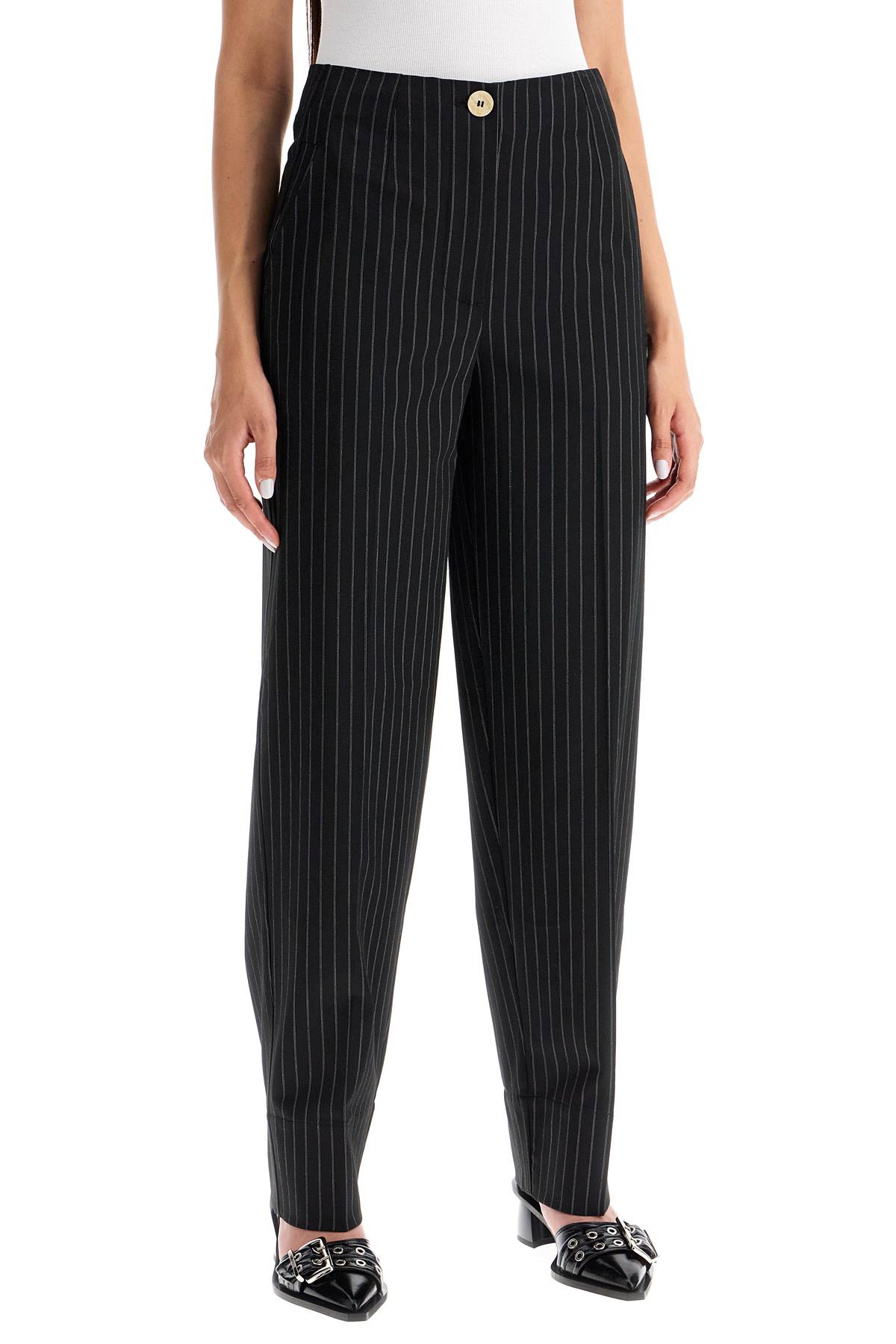 Shop Ganni Striped Tapered Trousers In Black (black)