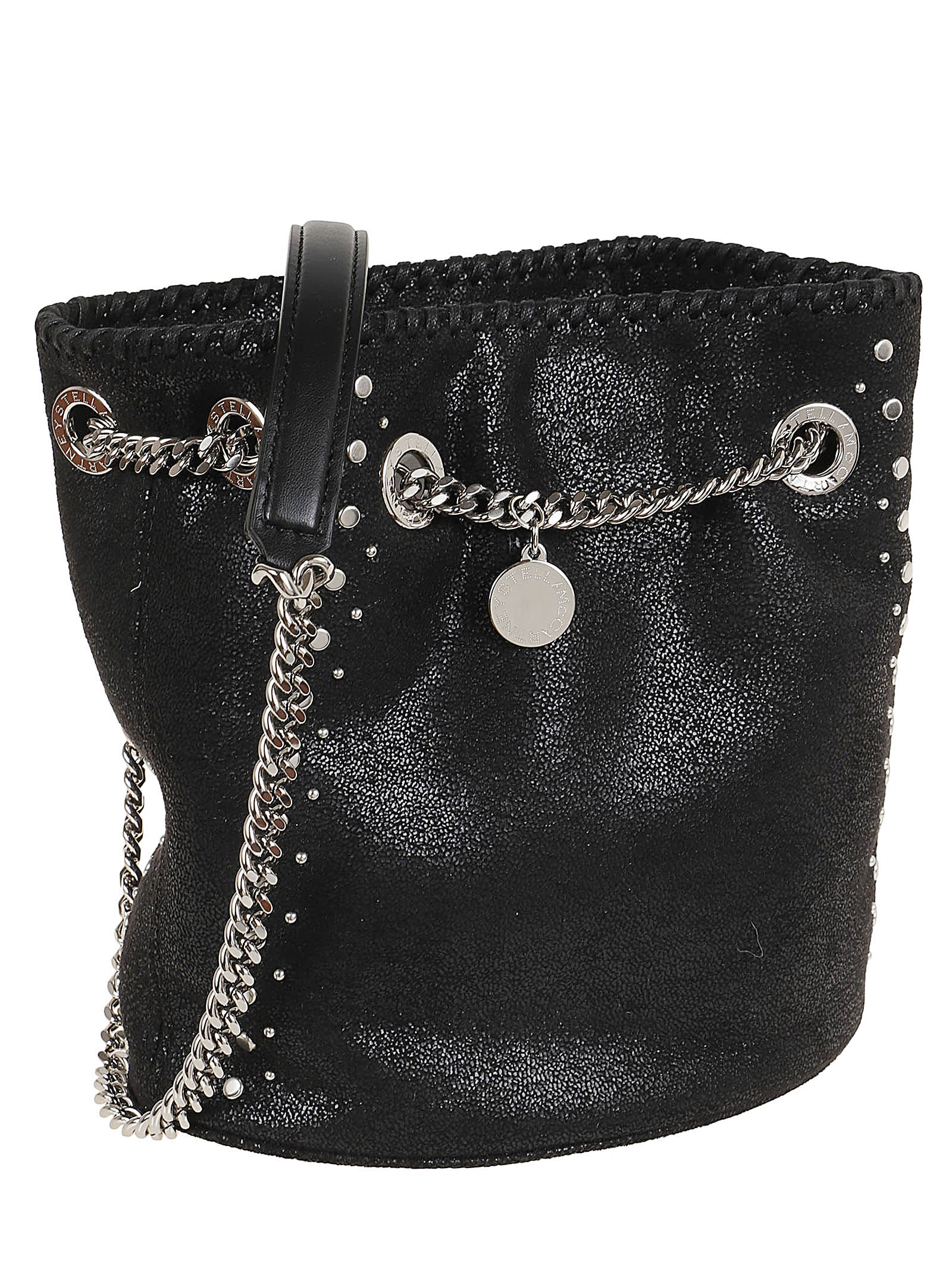 Stella Mccartney Falabella Logo Charm Studded Bucket Bag In Black