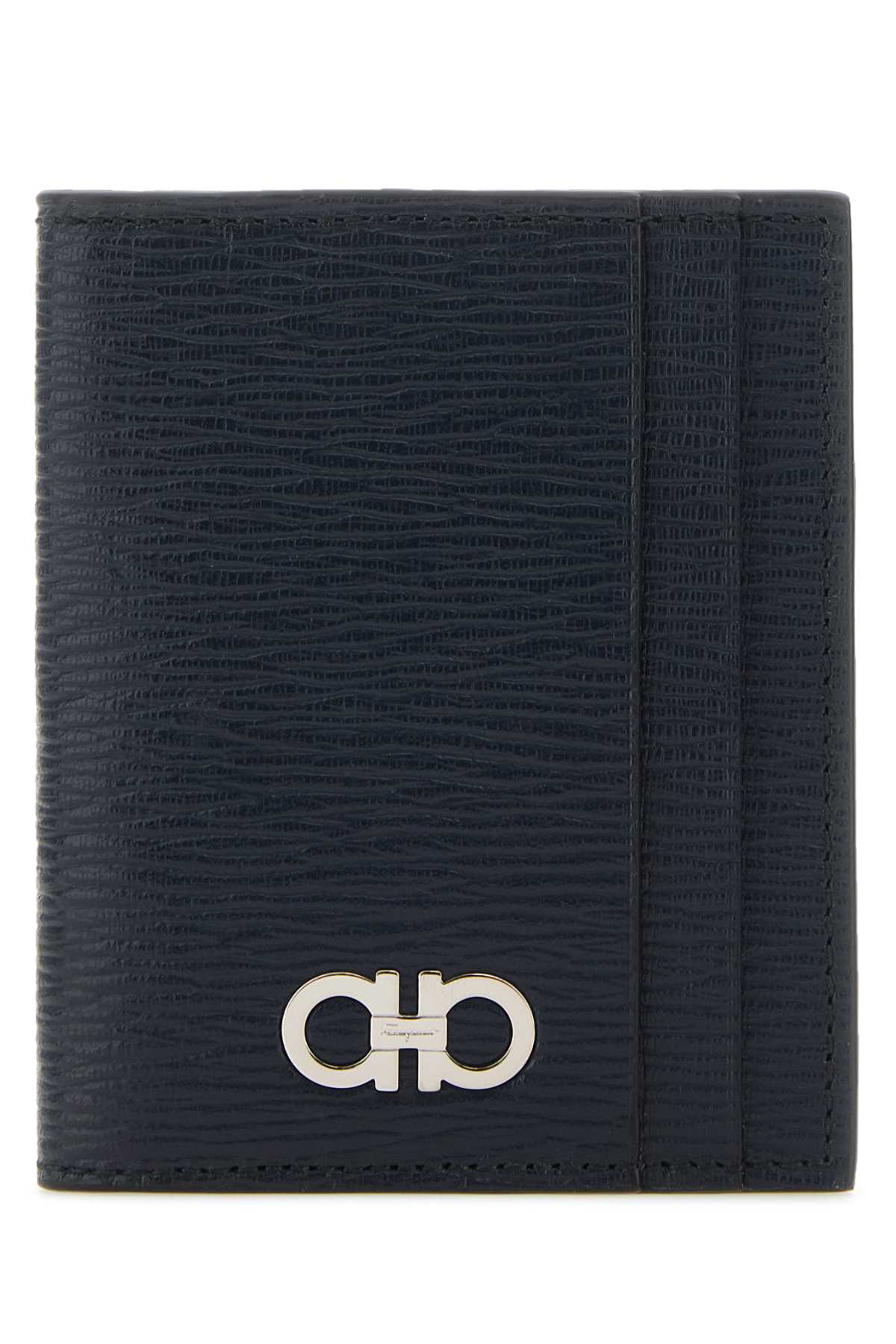 Ferragamo Black Leather Card Holder In Blue