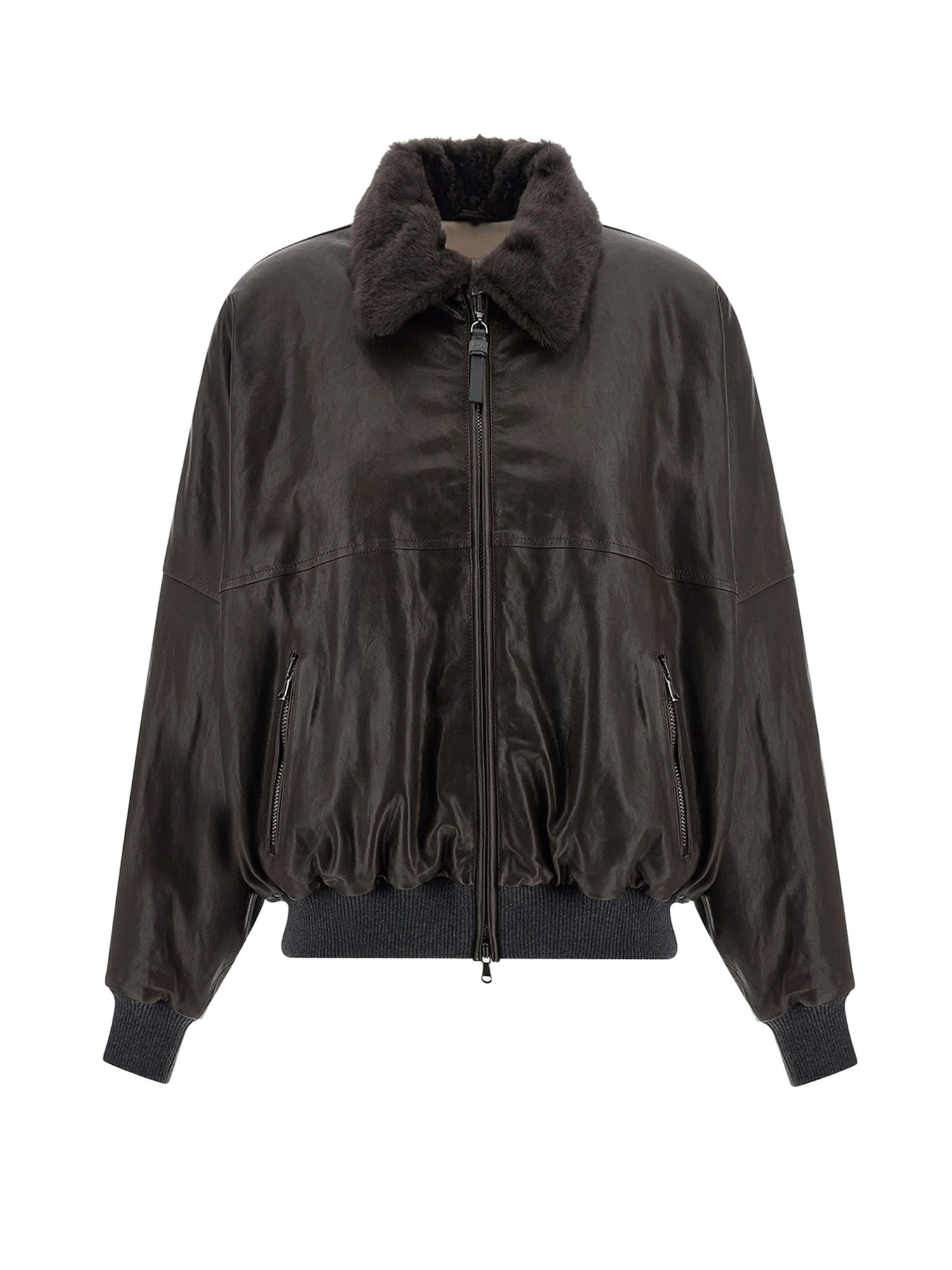 Brunello Cucinelli Women Aviator Leather Bomber In Black