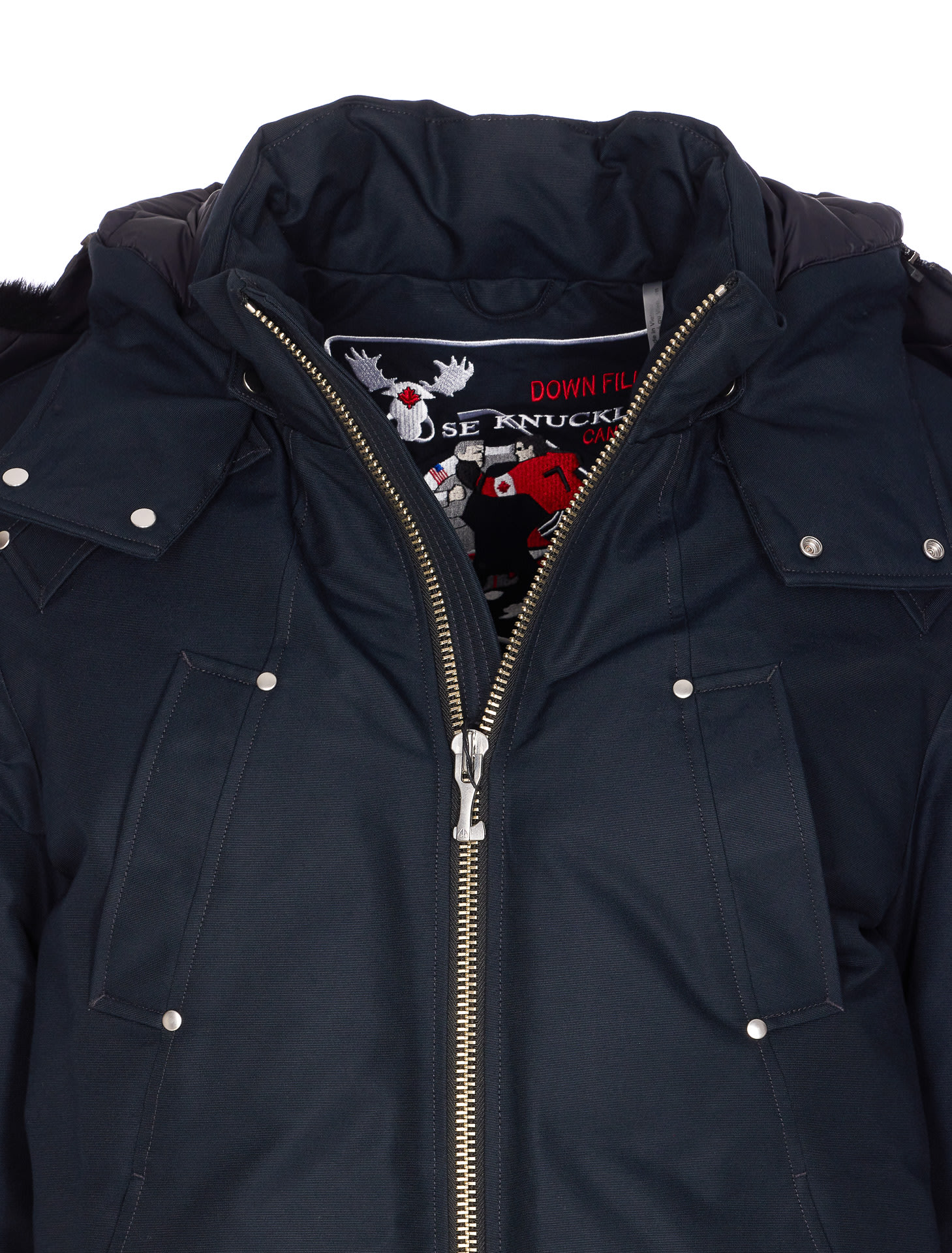 Moose Knuckles Shearling Trim Down Bomber Jacket In Blue