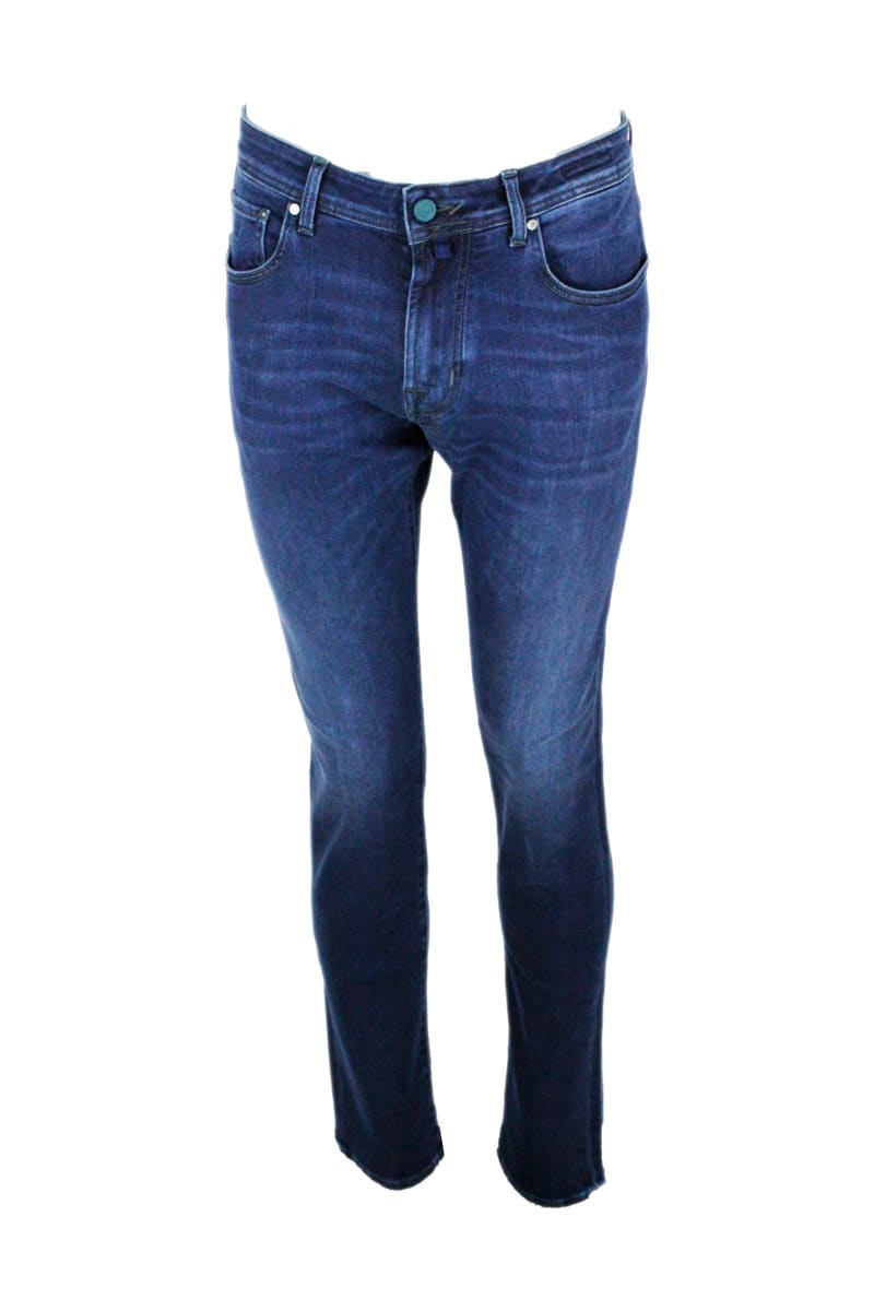 Jacob Cohen Pantalone Jeans Luxury Denim Stretch A 5 Tasche Con Zip Ed Impunture In Contrasto Di Colore, Salpa In Cavallino Con Scritta Logo In Riliev