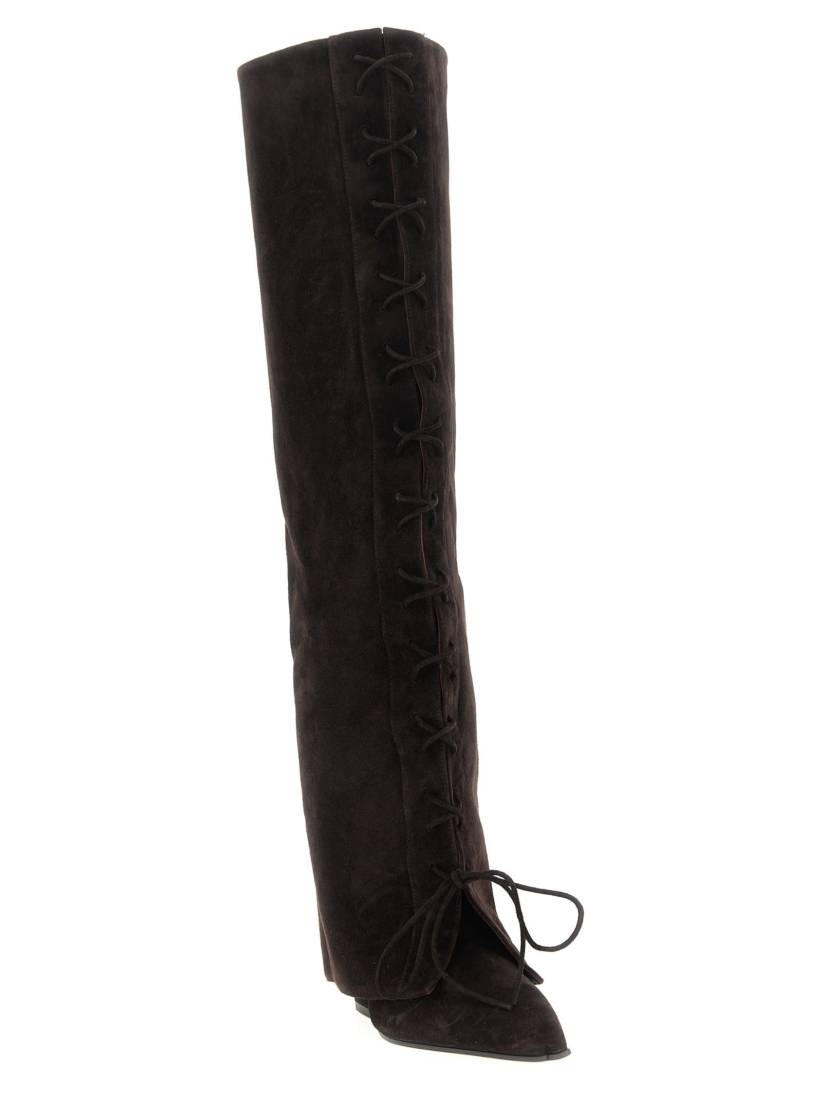 Paris Texas Fold-over Boots In Ebony Calf Suede. In Brown