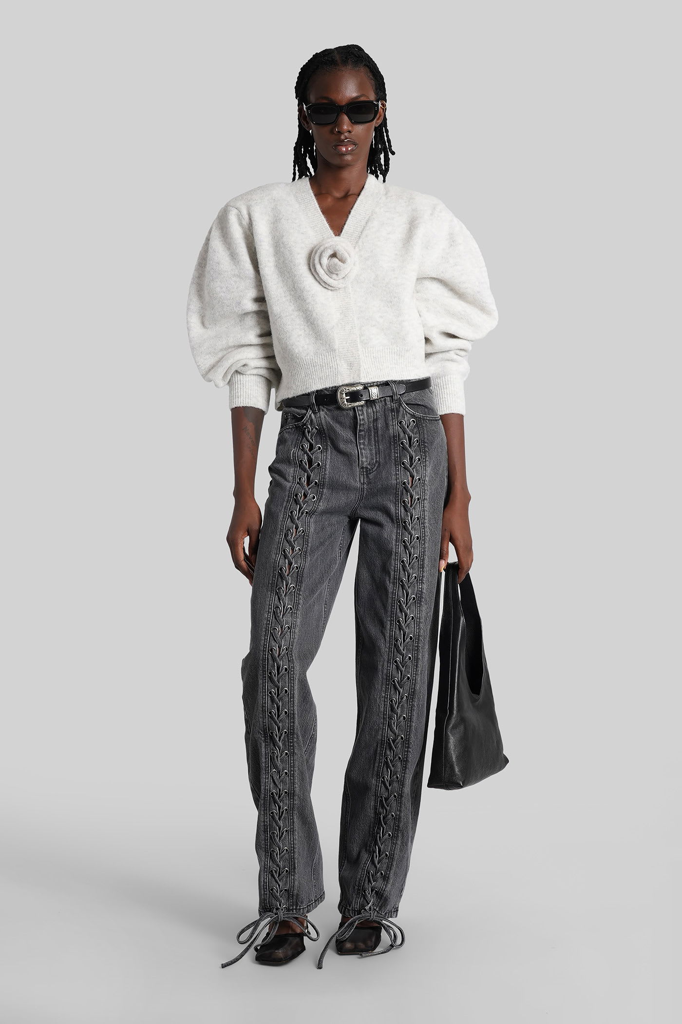 Rotate Birger Christensen Denim Laced Leg Pant In Gray