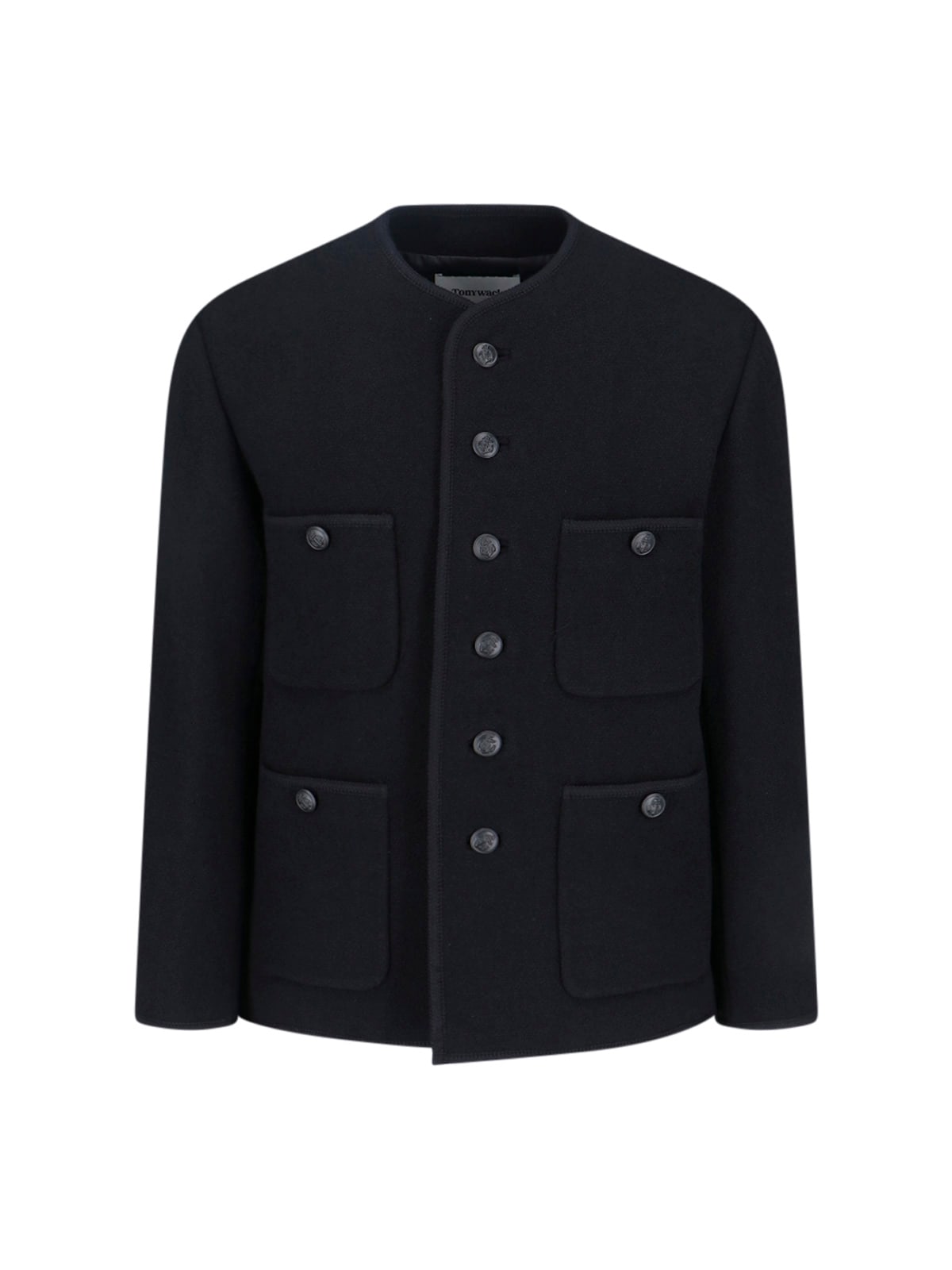 Tonywack Black Collarless Blouson Jacket With Nautical Button Detail In Black
