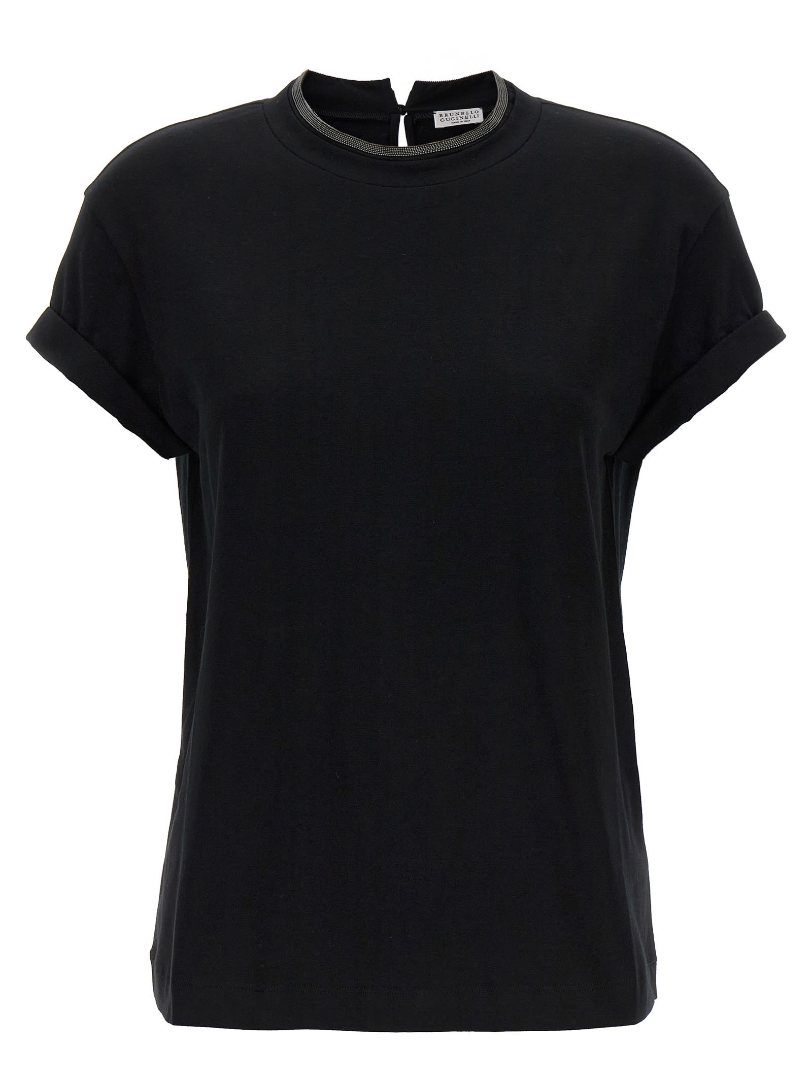 Brunello Cucinelli Short-sleeved T-shirt With Rolled Sleeves And Keyhole Detail In Black