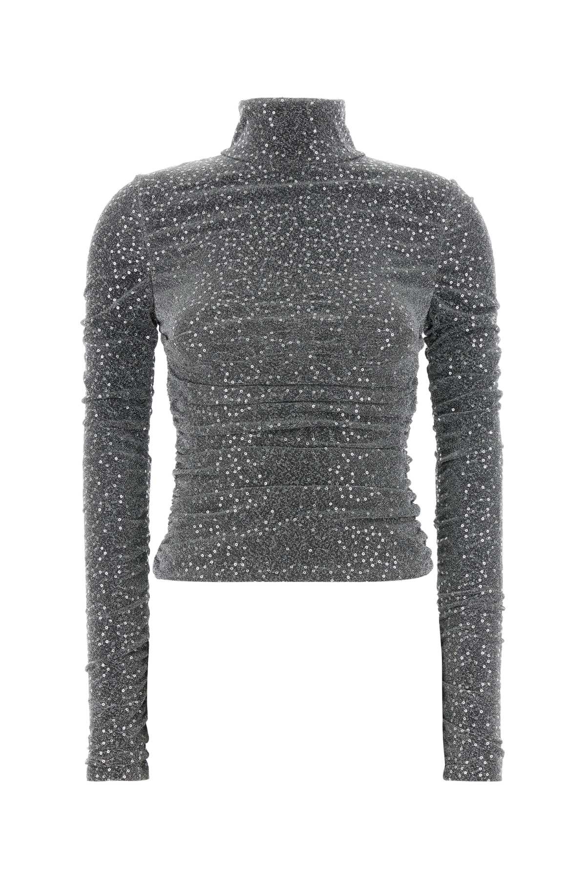 Dolce & Gabbana Ruched Sequin-embellished Lurex Turtleneck Blouse In Melangegrigio