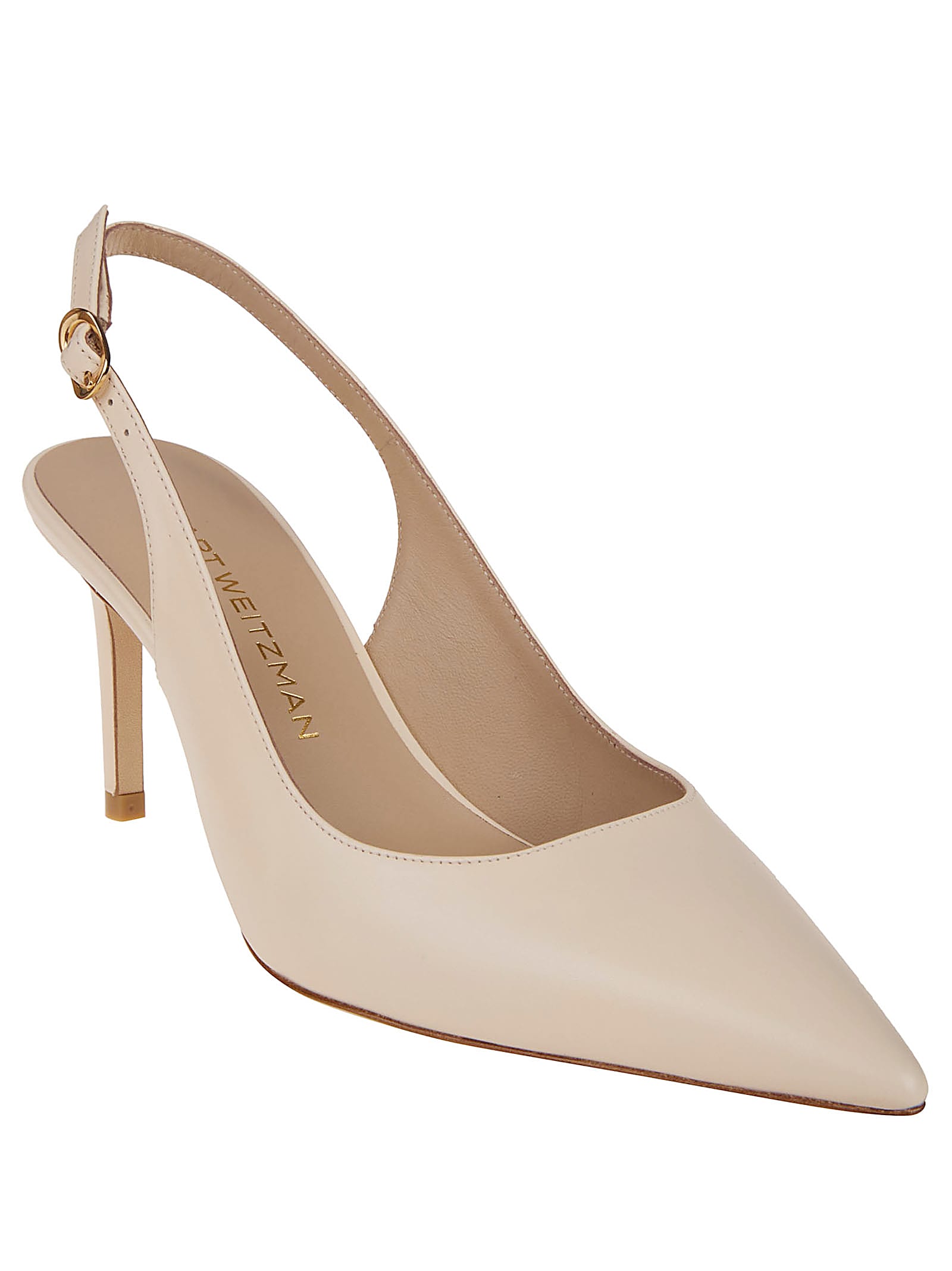 Stuart Weitzman Omens Beige Stuart Power 75 Slingback-strap Patent-leather Heeled Pumps Eur 39 / 6 Uk In Mascarpone