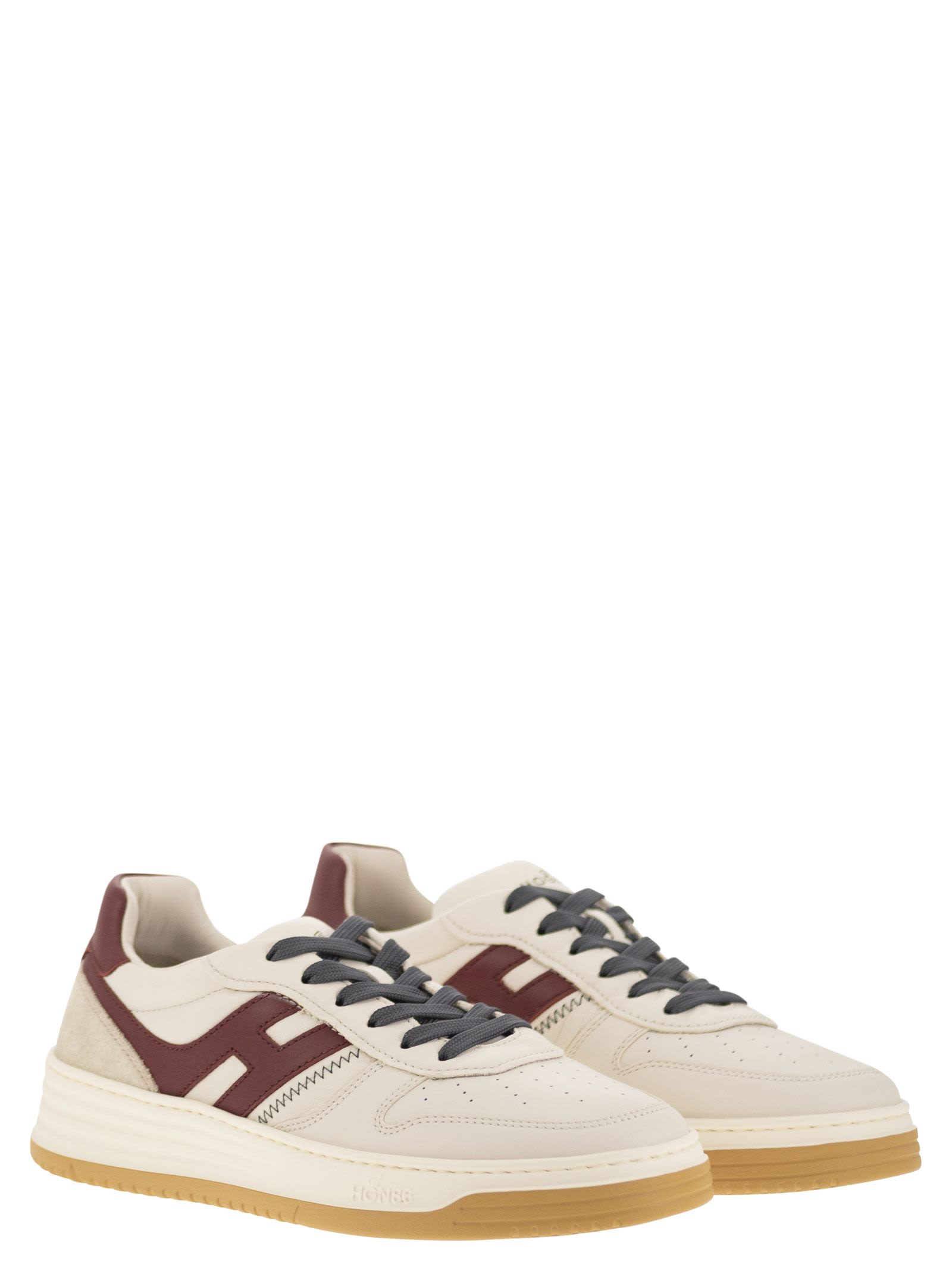 Shop Hogan H630 - Leather Lace-up Trainers In Ivory/bordeaux