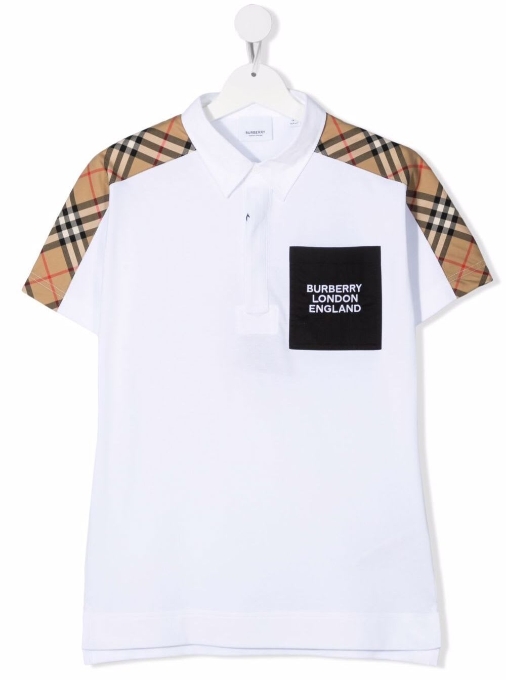 Burberry White Cotton Polo Shirt With Vintage Check Insert