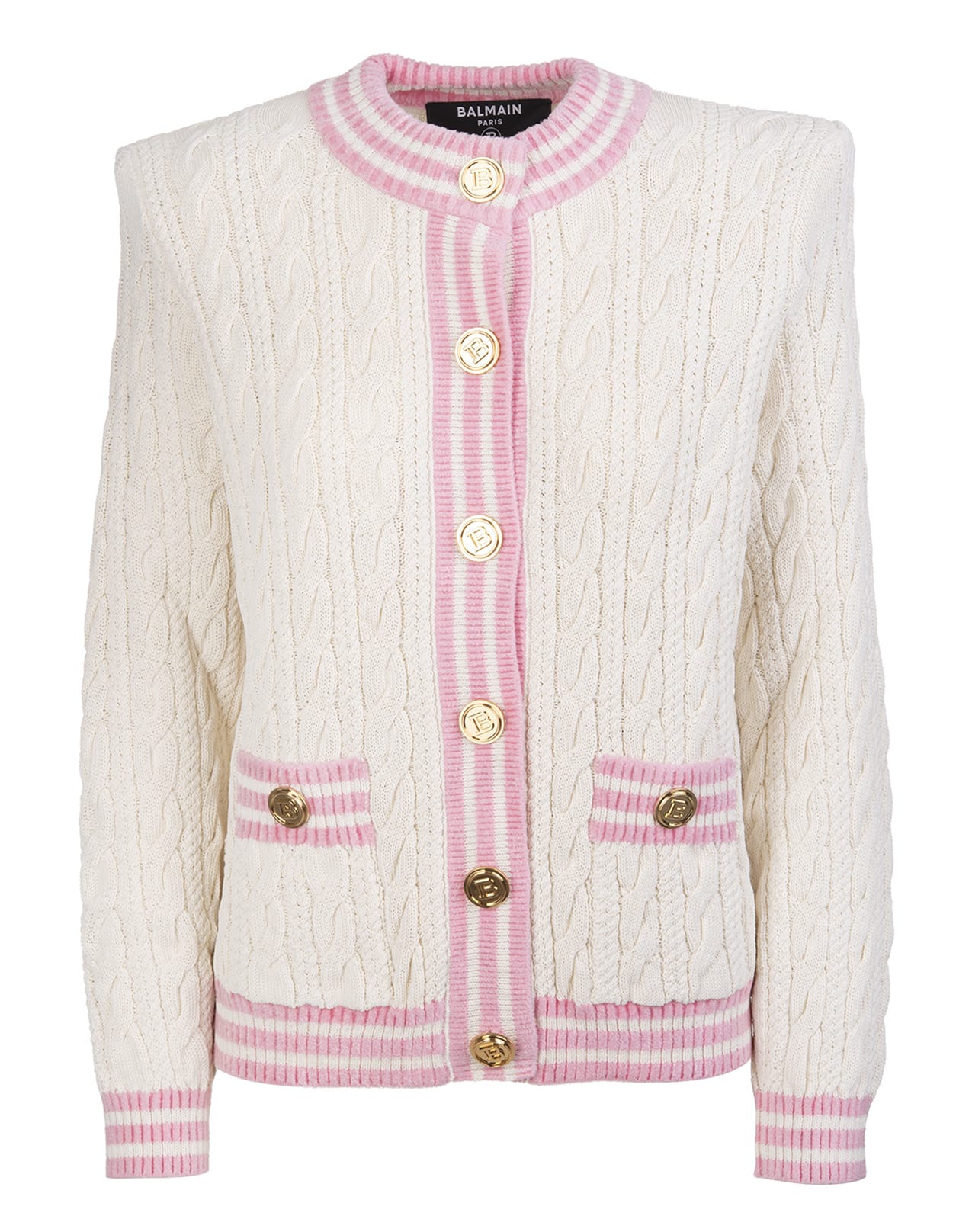Balmain Woman White Cardigan With Pink Profiles And Gold Embossed Buttons