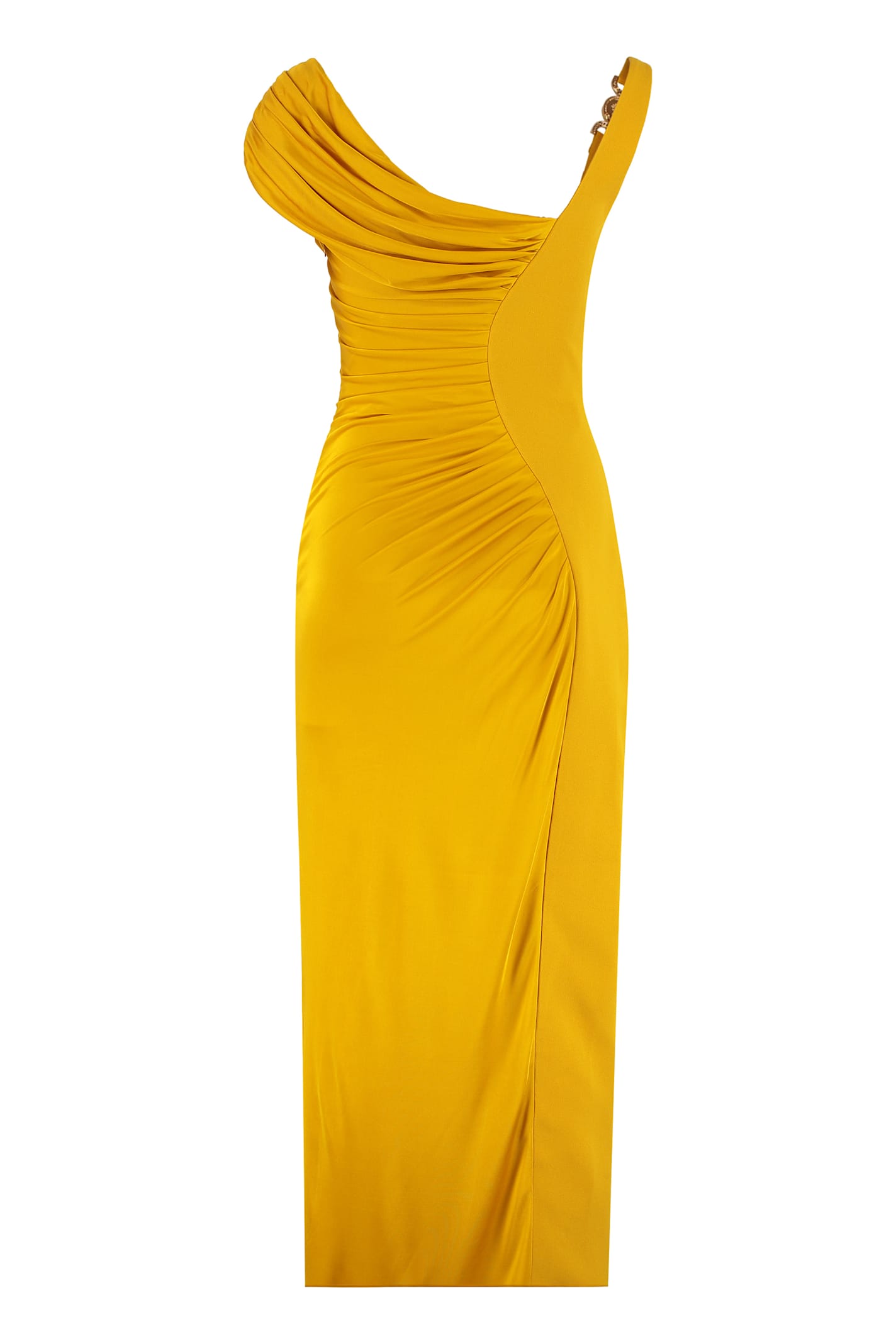 Versace Orange Sleeveless Long Dress With Medusa Plaque On The Front Draping In Orange