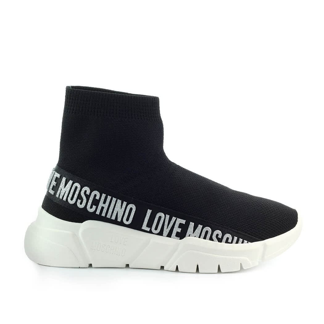 Love Moschino Black Sock Style Sneaker With Silver Logo