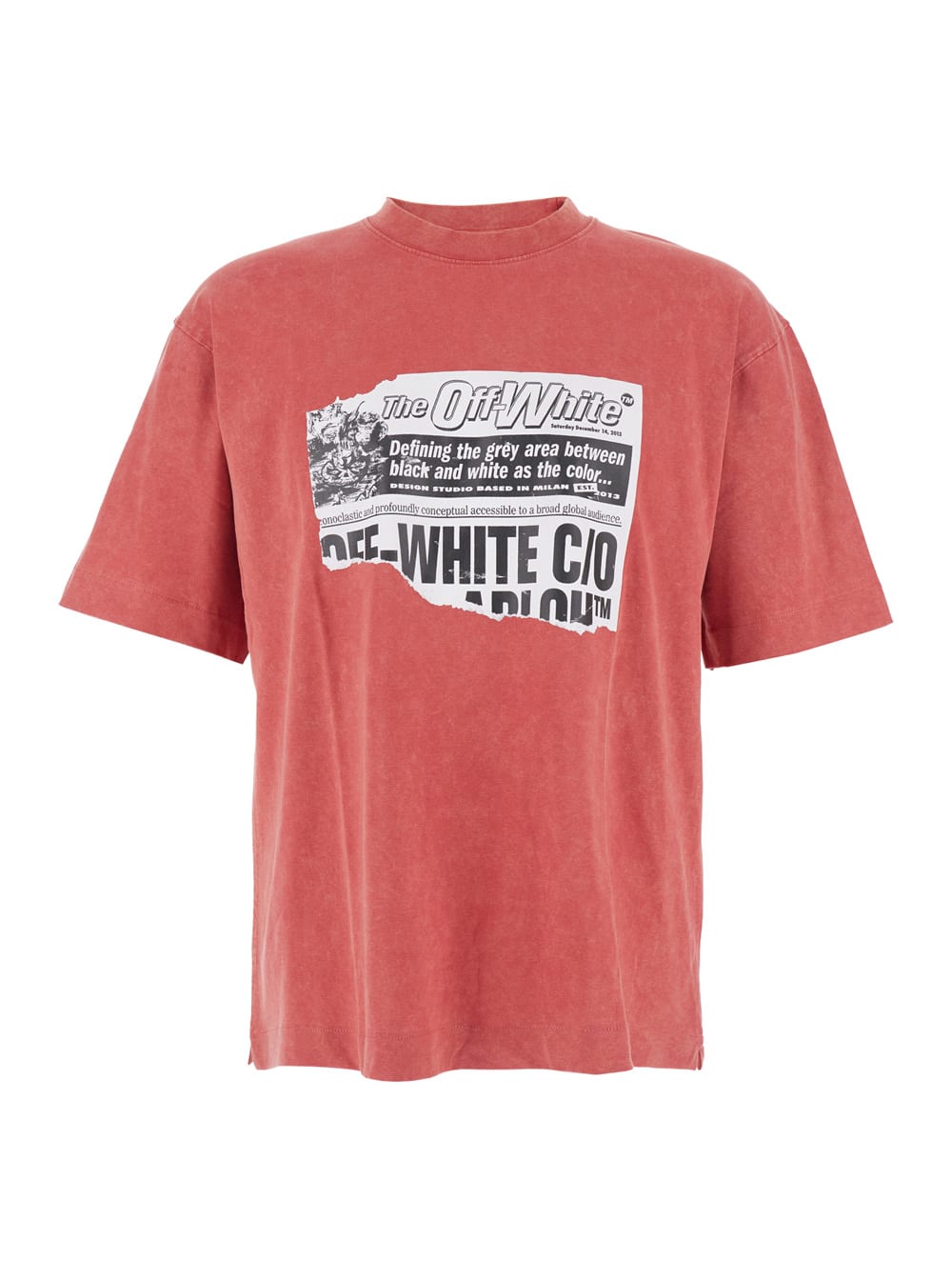 Off-white Red Crewneck T-shirt With Print On Front And Rear And Faded Effect In Cotton Man In Pink