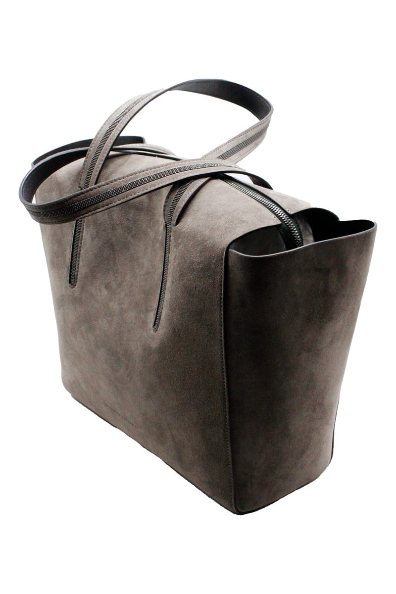 Brunello Cucinelli Shopping Bag In Suede With Double Handle With Sparkling Jewe