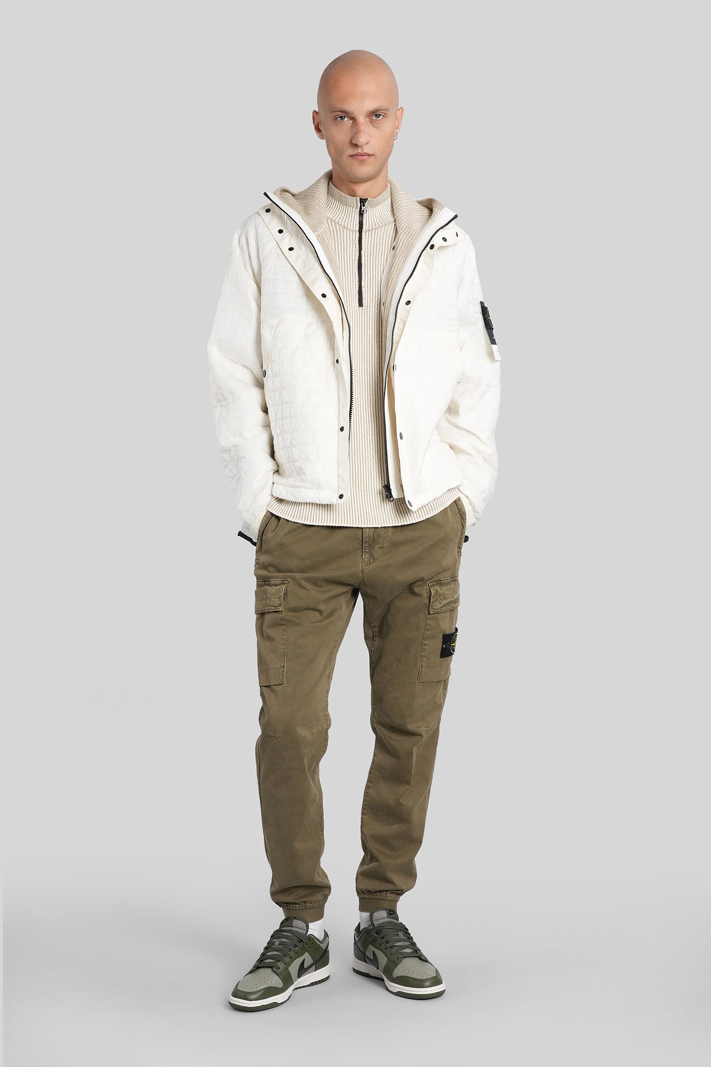 Stone Island White Sweater With Logo Patch On The Sleeve And Front Half Zip Closure In Wool Stretch Man In Neutral