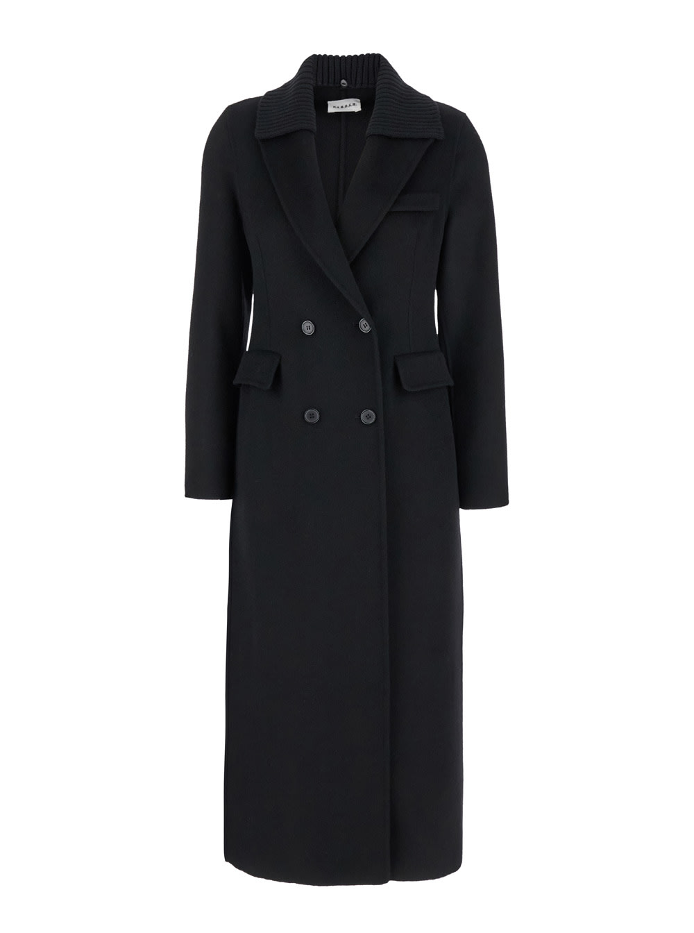 Shop P.a.r.o.s.h Long Black Double-breasted Coat With Ribbed Revers In Wool Woman