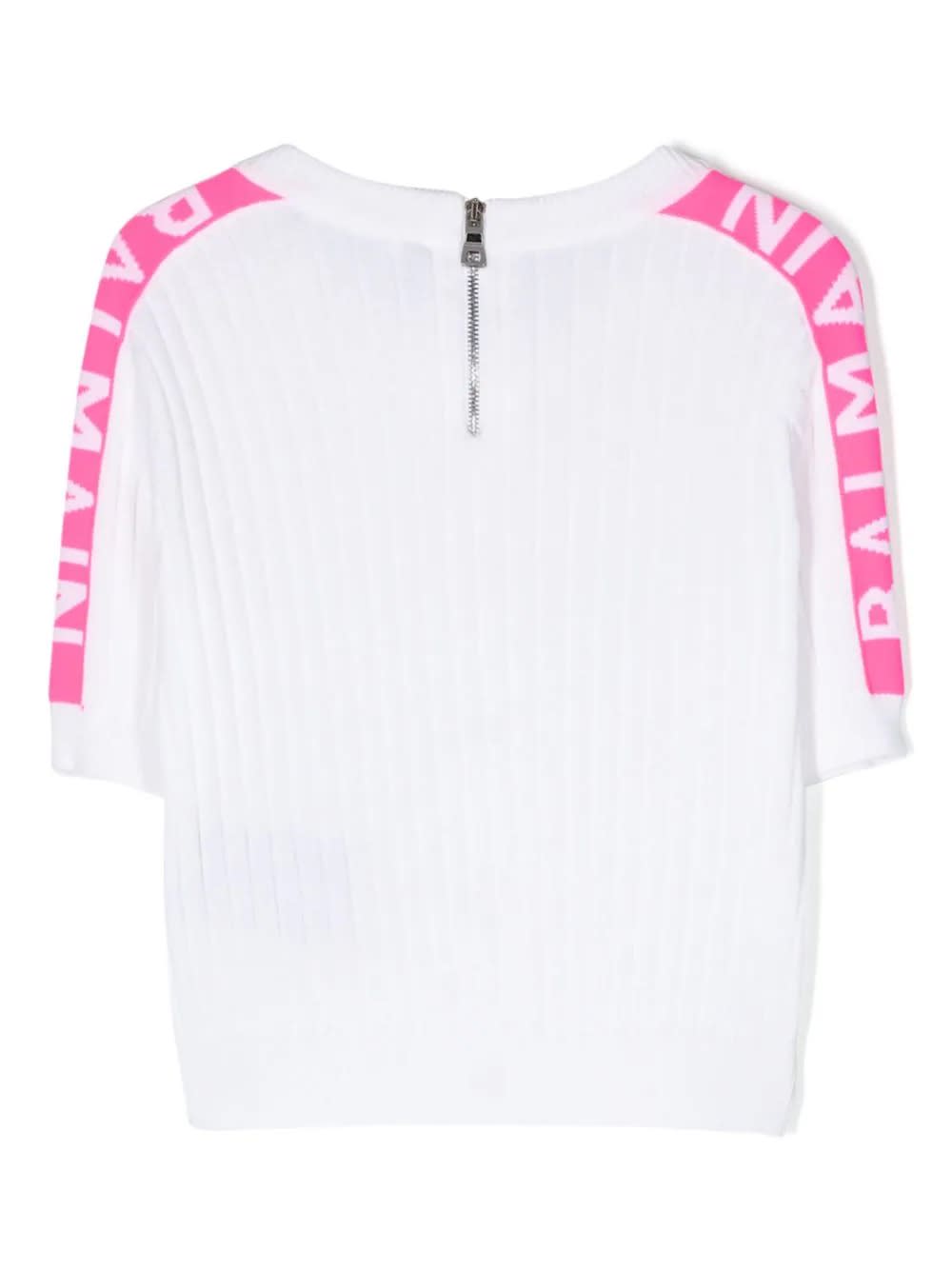Shop Balmain Ribbed Knit Cardigan With Jacquard Logo Motif In White