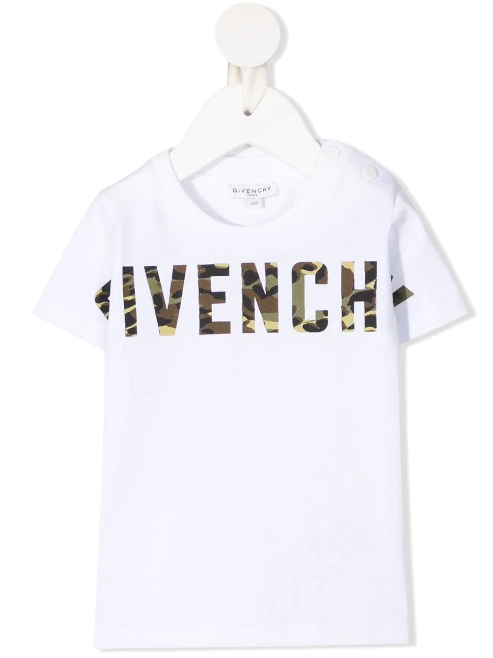 GIVENCHY WHITE NEWBORN T-SHIRT WITH CAMOUFLAGE GIVENCHY LETTERING,H05163 10B