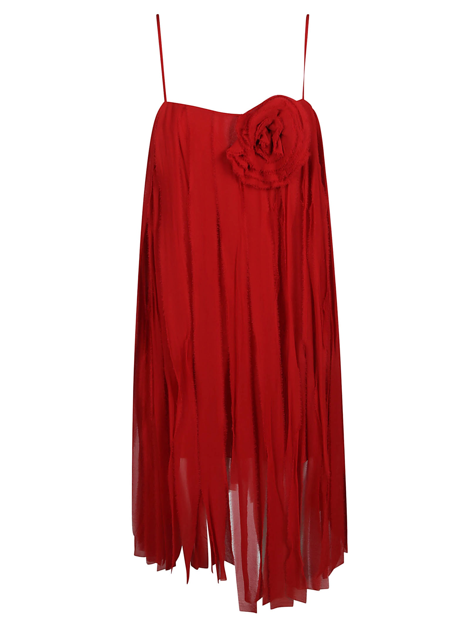 Blumarine Flower Detail Fringed Dress In Lipstick Red