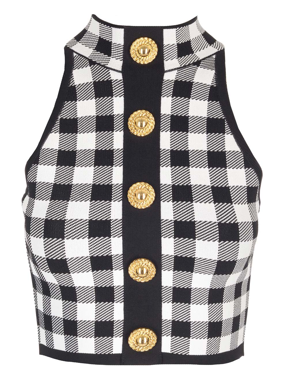 Balmain Cropped Button-embellished Gingham Knitted Top In Multicolor