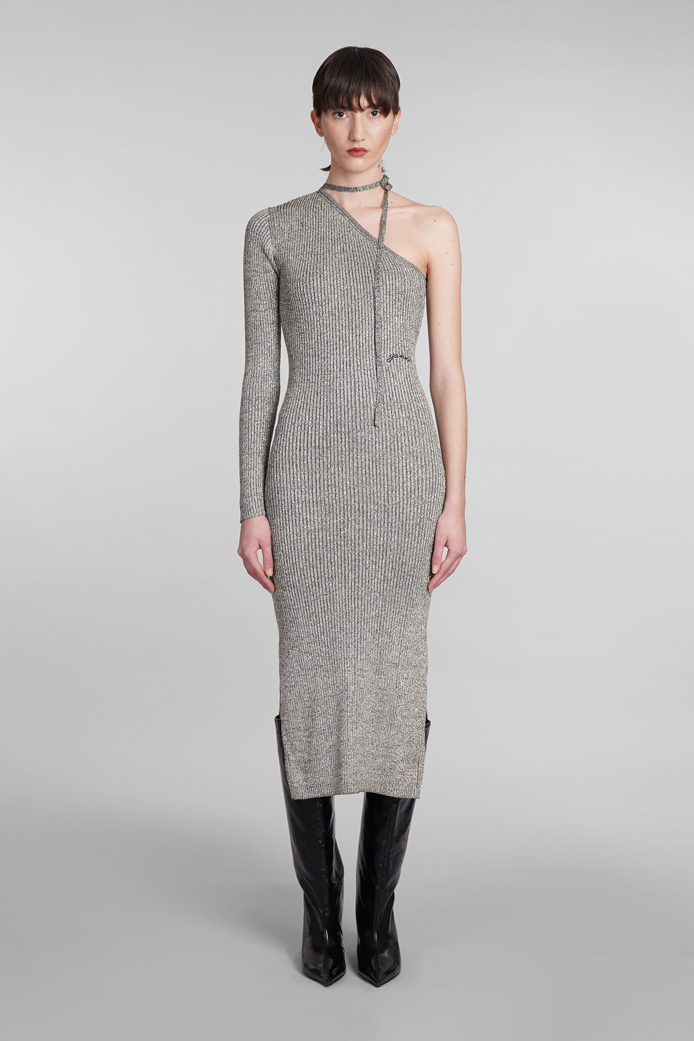 Shop Ganni Dress In Silver Polyester