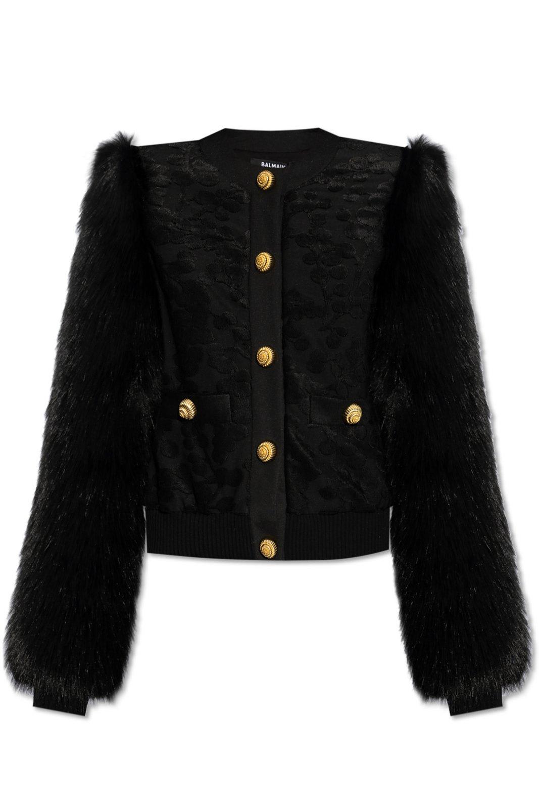 Buttoned Straight Hem Faux-fur Jacket