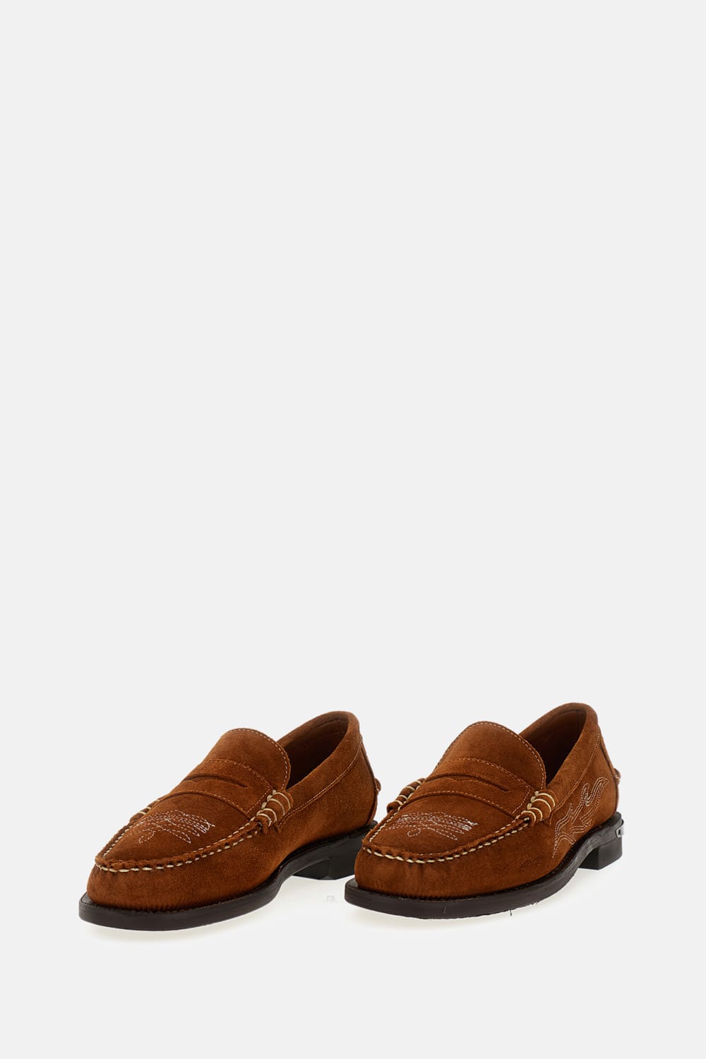 Sebago Brown Suede Loafers With Decorative Stitching In Brown