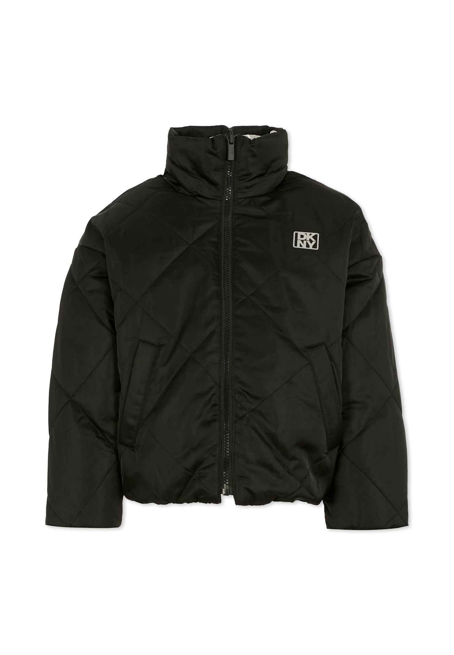 Dkny Reversible Black Down Jacket For Girl With Logo In Multi